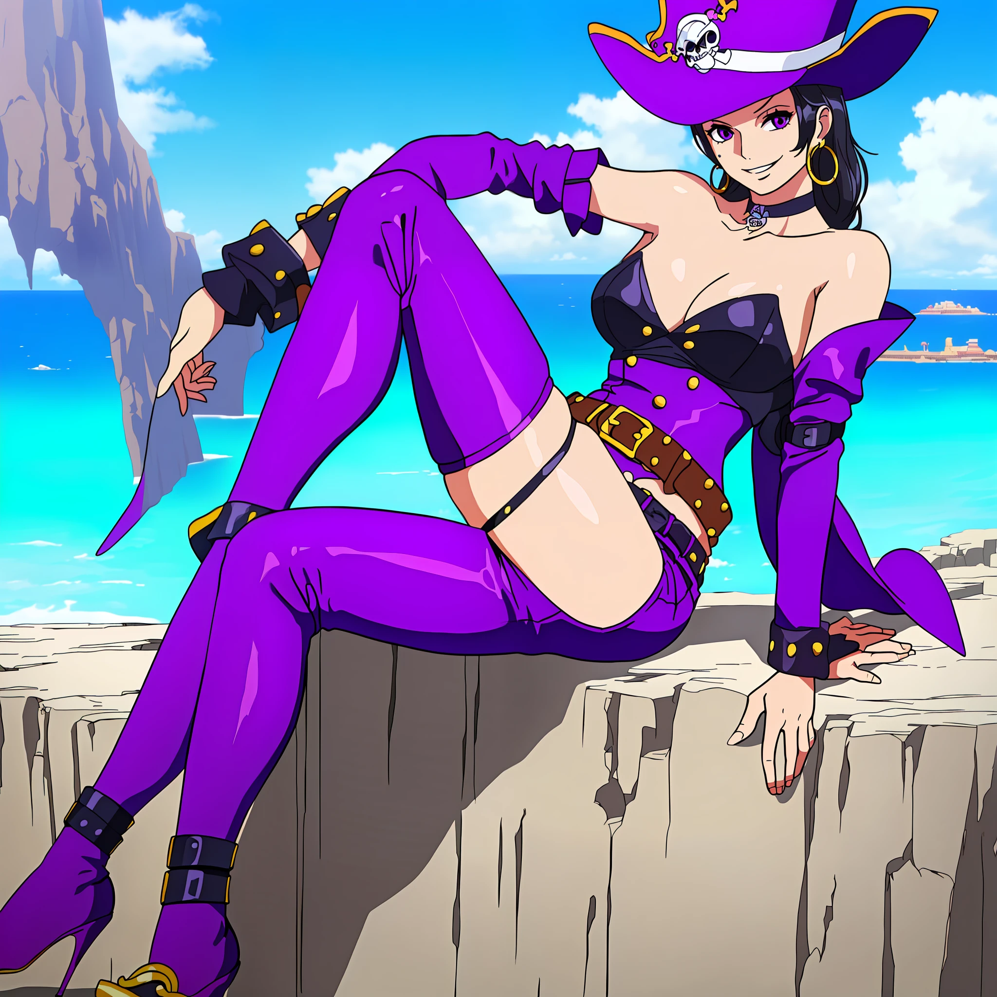 masterpiece, best quality, risky, purple skin, pirate hat, choker, wrist cuffs, hoop earrings, bustier, belt, purple pants, high heels, sitting, looking at viewer, smiling, cliff, ocean, sky