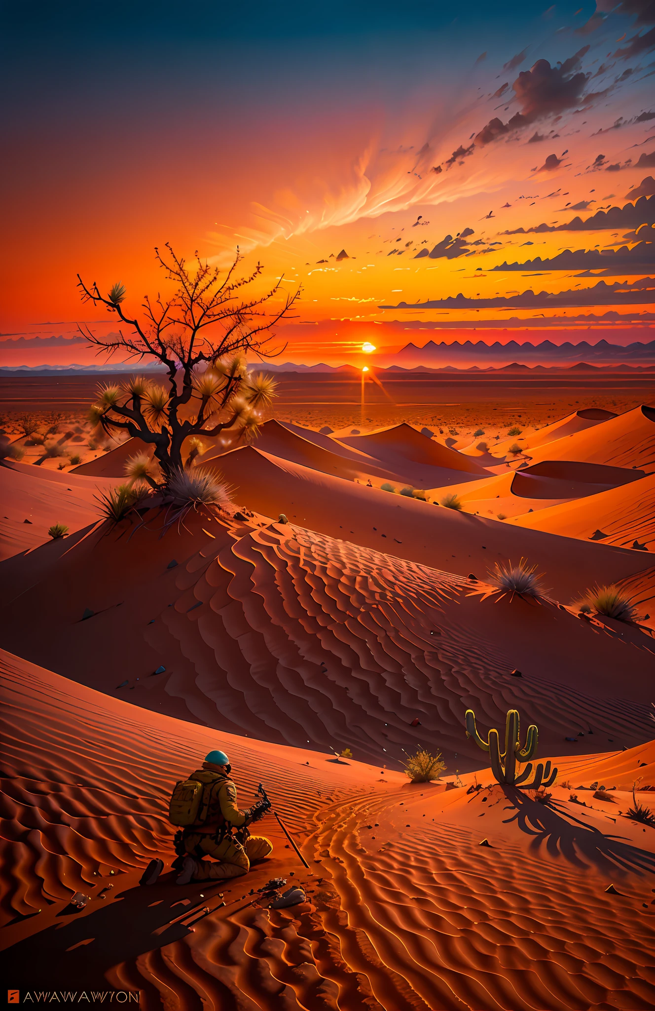 An absolutely mesmerizing sunset over the sertão, desert, with a mixture of oranges, pinks and yellows filling the sky. The scene is dynamic and breathtaking, with an American Navy Seals holding a kneeling rifle showing in evidence in front of the image and cacti swaying gently. Soak up the soothing atmosphere and let the tranquility take over you.