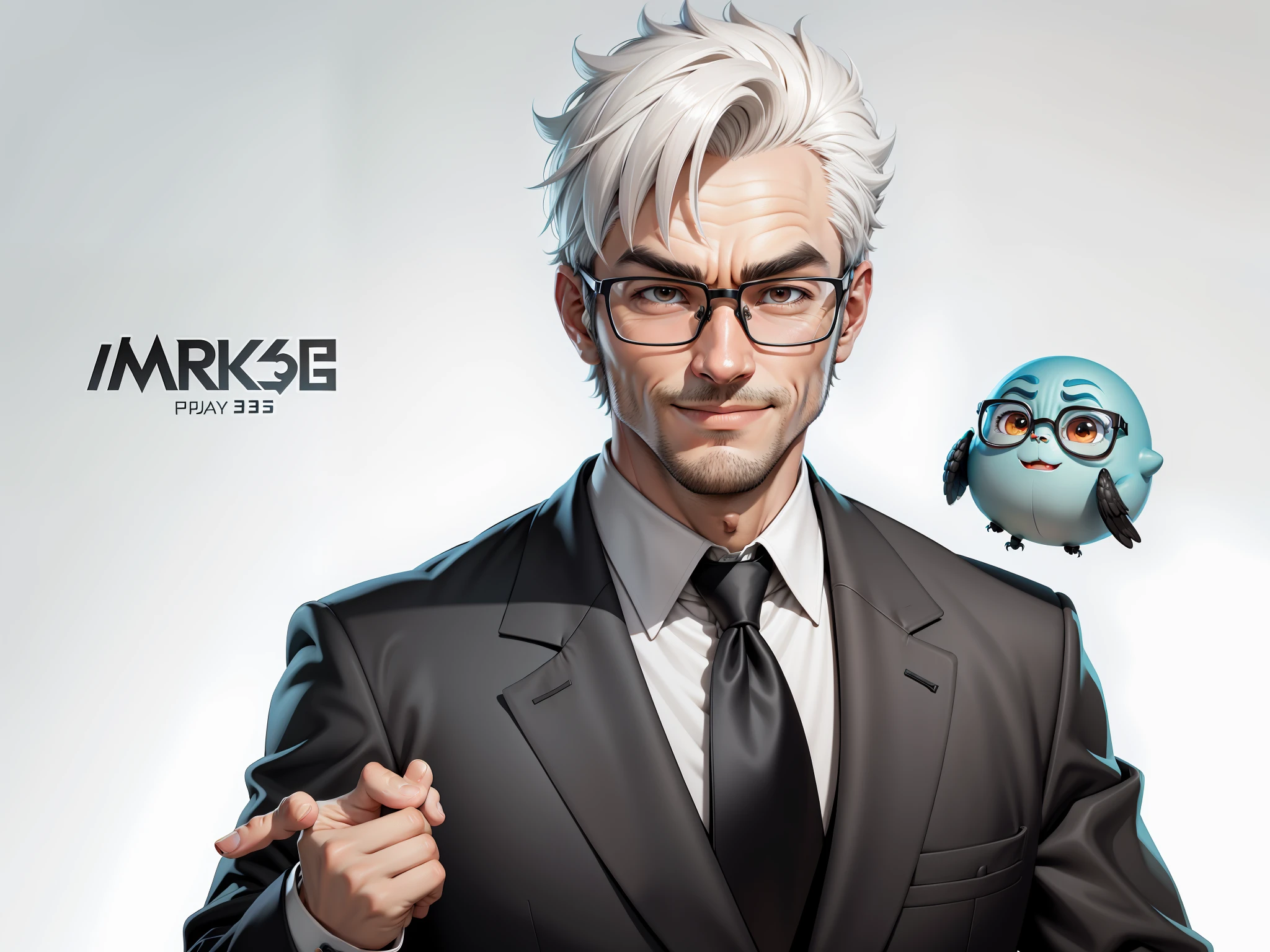 Super young man 30 years old，Silver glasses，The face is slightly fat，The face is very clean，No whiskers，Black super short hair，Black eyes，black suit，Blue tie，Smile confidently，digtial painting，the movie，3D character design by Mark Clairdon and Pixar and Hayao Miyazaki，The illustration is a high-definition illustration in 4K resolution，With very detailed facial features and cartoon-style visuals。