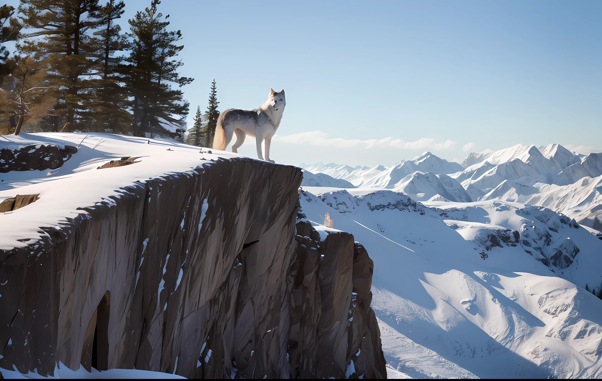 A seven-year-old snowy gray wolf stands on a cliff