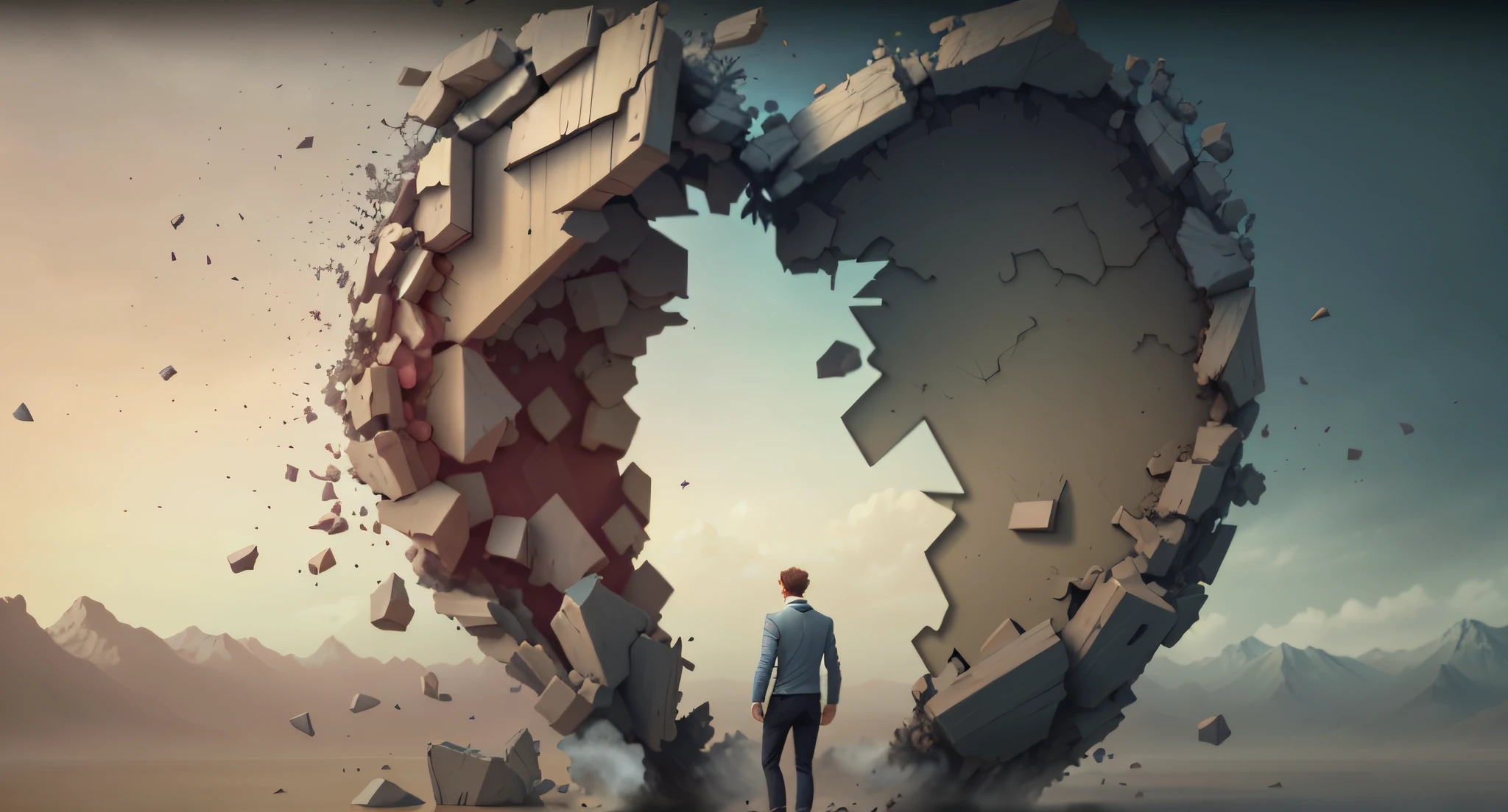 There is a man standing in front of a broken heart, highly detailed surreal visual effects, Cyril Rolando and Goro Fujita, inspired by Cyril Rolando, Sylvain Sarrail and Igor Morski, Cyril Rolando and M. W Kaluta, Cyril Rolando and M.W Kaluta, epic 3D illustrations