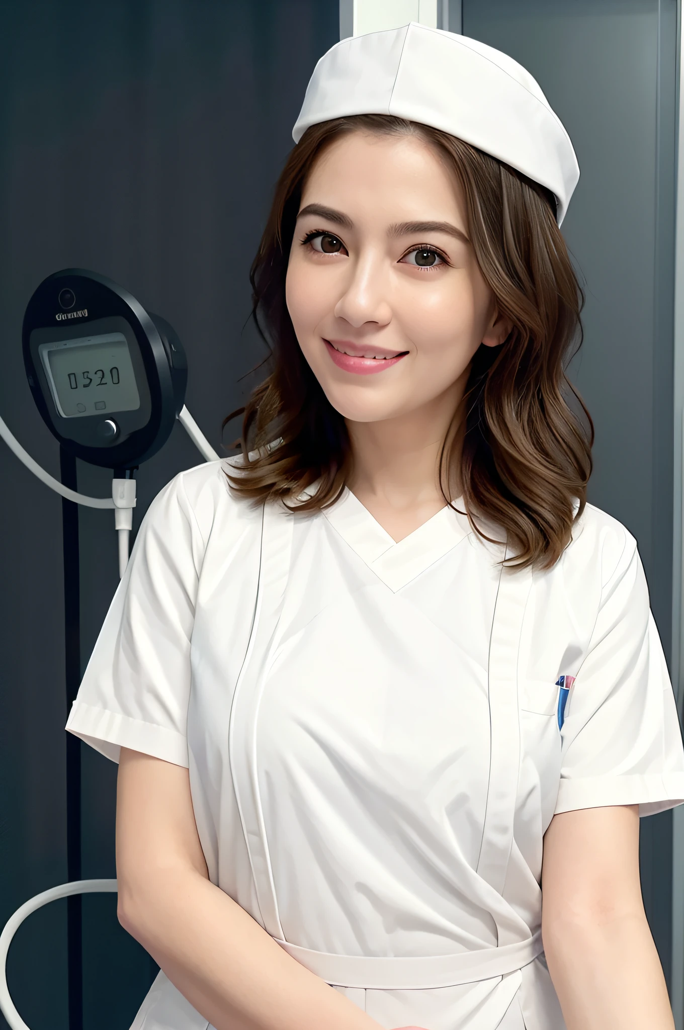(RAW photo, best quality), (realistic, photo-realistic:1.3), wide angle photo, masterpiece, 1girl, cute, young, (upper body:1.3), realistic face, standing, studio lighting
in hospital operating room, surgical gloves, medical equipment, anesthesia machine
(((White))) nurse uniform smooth, nurse, nurse hat, stethoscope Dr. She