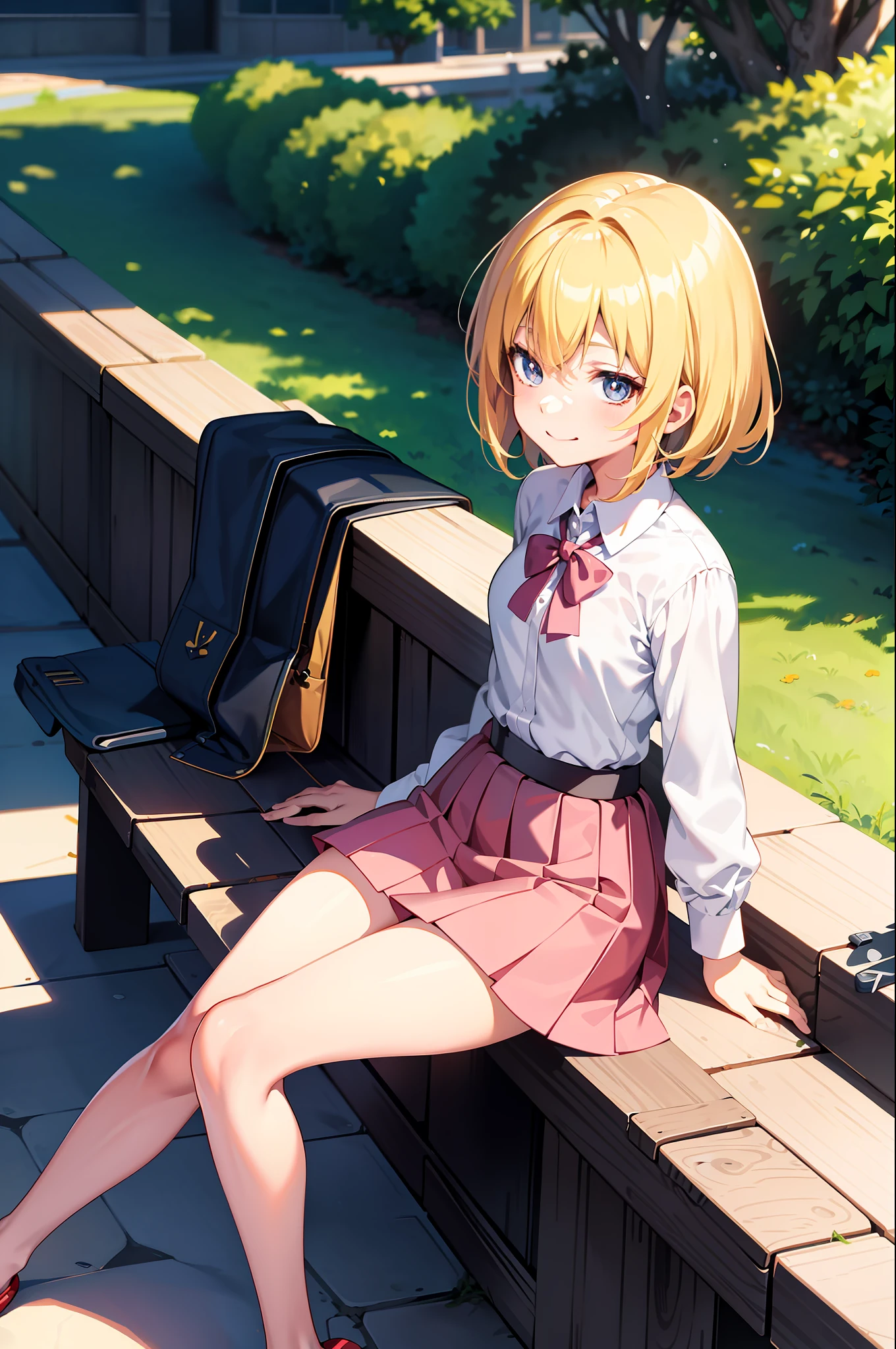 anime, masterpiece, best quality, (best illustration), surreal schoolgirl, seductive anime girl, small curve loli, cute girl anime visual, young anime girl, fine details, blonde hair, pretty eyes, light smile, medium breasts, short hair, sitting on a park bench,