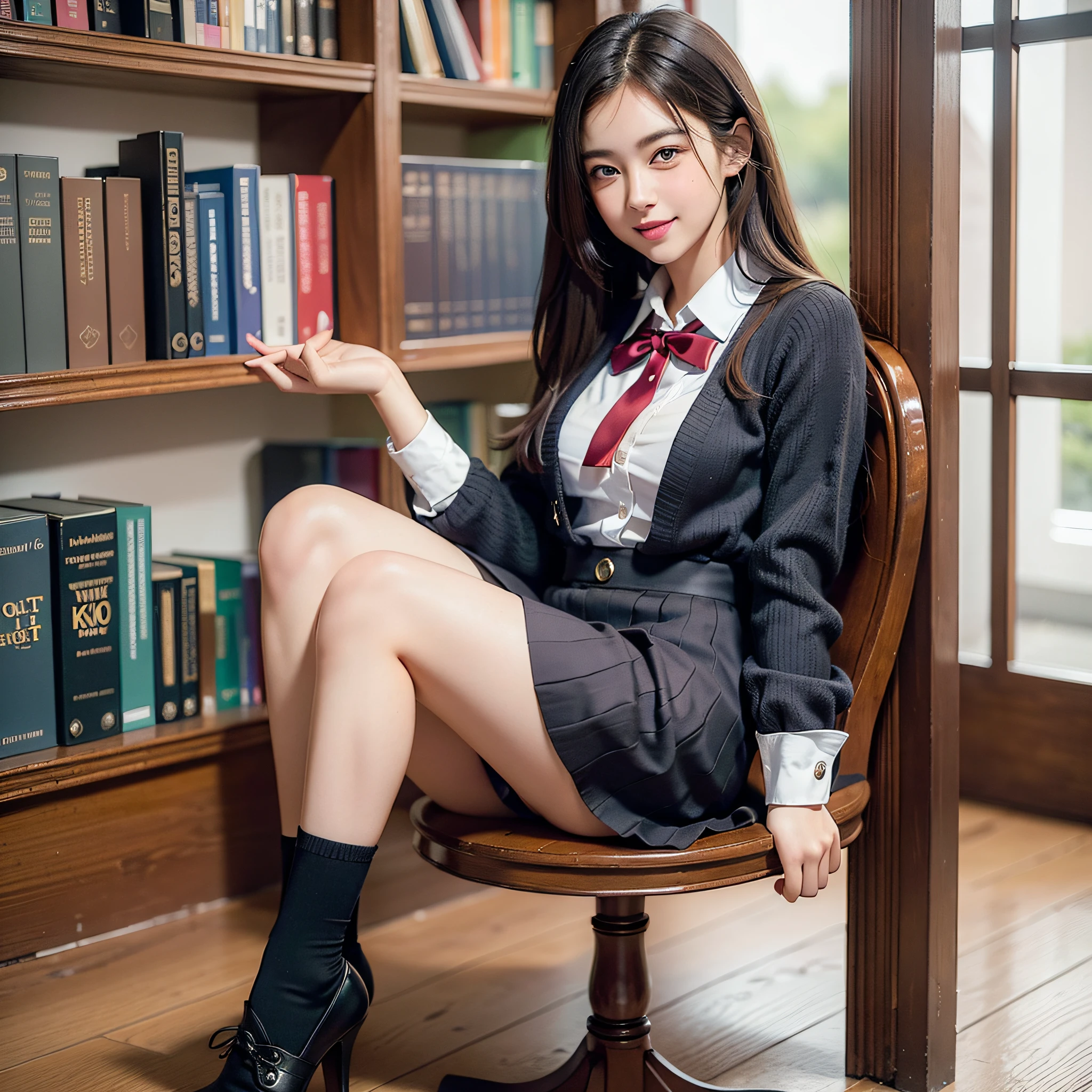 ((full body)), (8k, best quality, masterpiece:1.2), (realistic, photo-realistic:1.37), ultra-detailed, 1 girl,cute, in library, night,sitting,dating,(nose blush),(smile:1.15),(closed mouth) small breasts,beautiful detailed eyes, school uniform, floating hair NovaFrogStyle,  full body