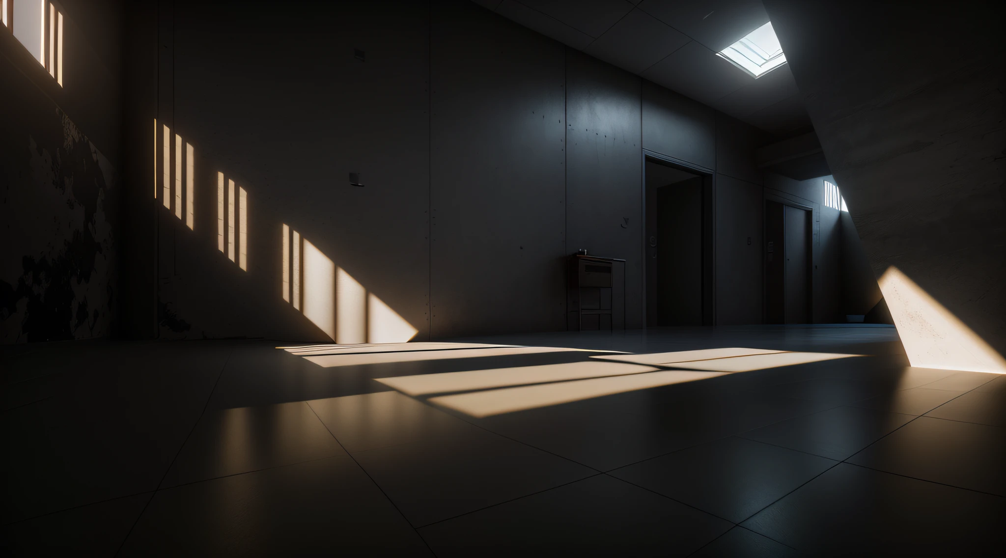There is a room with a wall and a floor, light passing through it, dramatic lighting rendering, matte background. Unreal Engine, Dark Concrete Room, Octane Rendering, Dynamic Lighting, Well-lit 3D Rendering, Atmospheric Rendering, Render Lighting