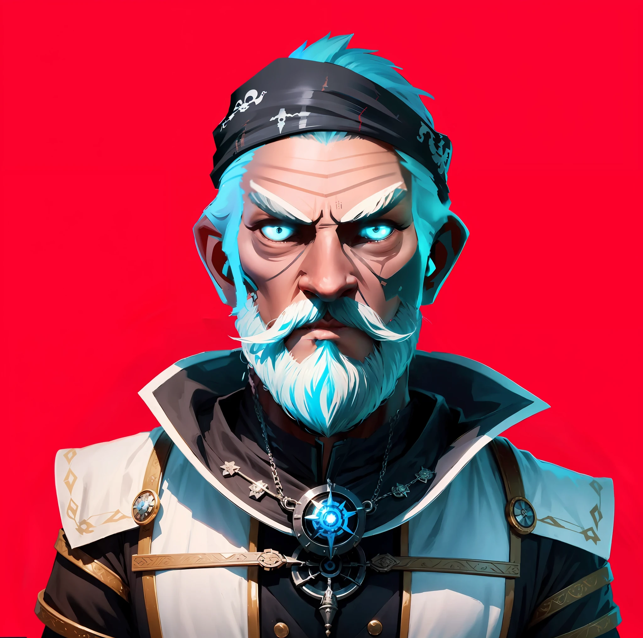 A futuristic white pirate uniform with extremely stylish black borders is symmetrical, and an incandescent blue compass tied around the neck