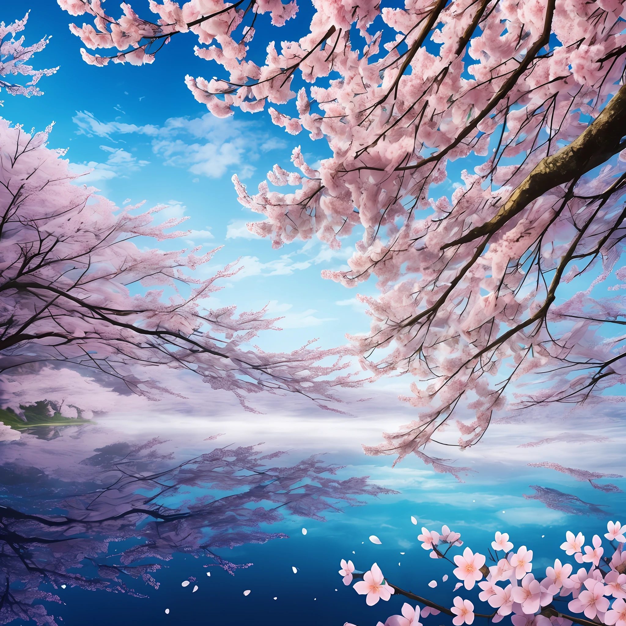 Computer, realistic fantasy, Extensive landscape ultra photography (general view in which the sky is visible, petals, fog, iceberg, cherry blossom branches fall from the sky), blurred background, gloomy, magic --auto --s2