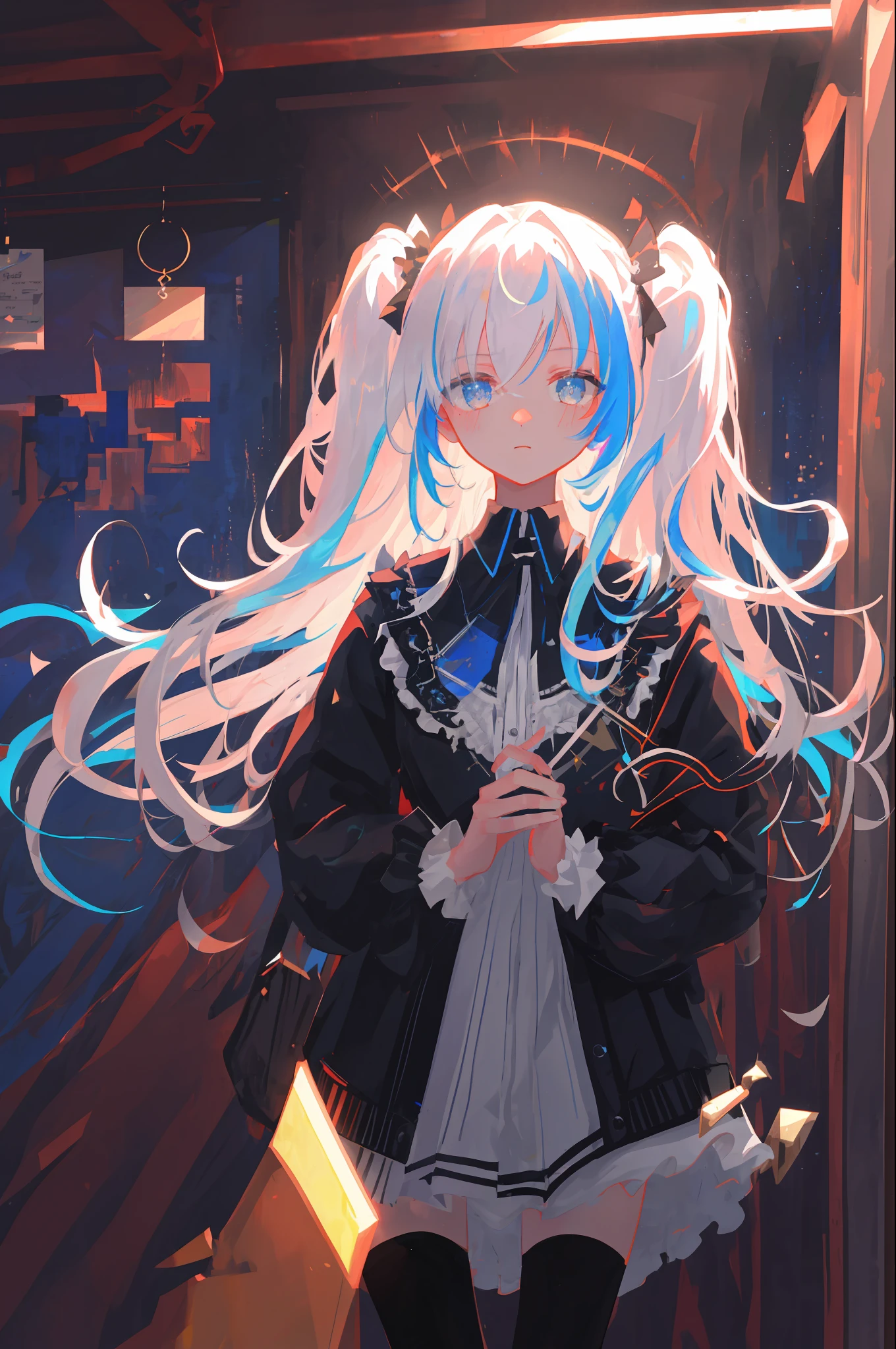 (1girl),gothic,twintails,white hair, organza lace,Gorgeous and fussy clothes,gothic, flying, blue, (colorful)
bold strokes, gradient blends, motion blur, shimmering textures, dynamic composition, atmospheric perspective, impressionistic, 
(masterpiece), (best quality), Amazing, (beautiful detailed eyes), (finely detail), Depth of field, extremely detailed CG, original, extremely detailed wallpaper, (vivid colors), cinematic lighting,  (colorful), blush
