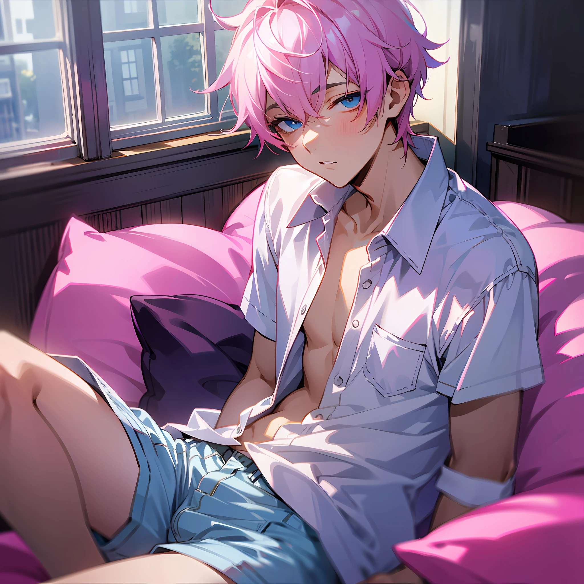 Pink ball-cut hair, blue eyes, age man, unbuttoned white shirt, sleepy eyes, window, sitting on bed, looking up at me with pillow, shorts --auto --s2