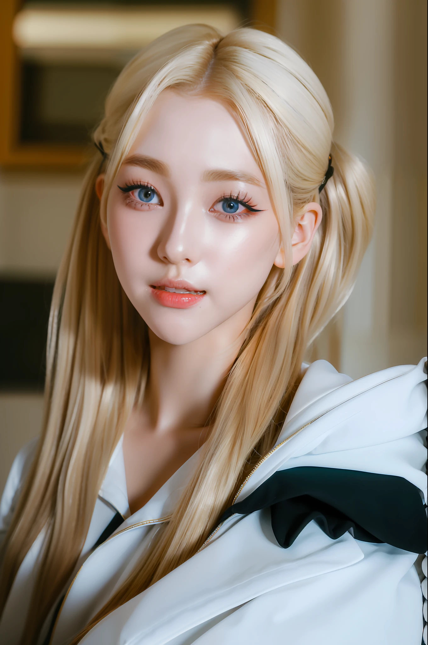 (8k, 4k, best quality, highres, ultra high res:1.1), (masterpiece, realistic, photo-realistic:1.1), 1girl, face, close-up, twintails, blonde hair, black eyes, red lips, (looking at viewer:2), absurdly long hair, long eyelashes, eyeshadow, small face, big eyes,
bare shoulders,
high contrast,
