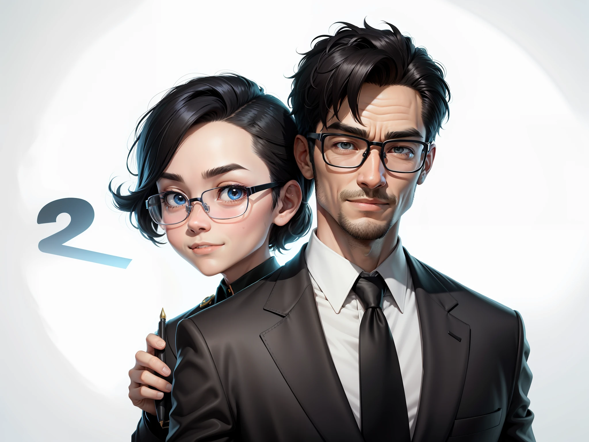 Super young man 30 years old,Silver glasses,The face is slightly fat,The face is very clean,No whiskers,Black super short hair,Black eyes,black suit,Blue tie,Smile confidently,digtial painting,the movie,3D character design by Mark Clairdon and Pixar and Hayao Miyazaki,The illustration is a high-definition illustration in 4K resolution,With very detailed facial features and cartoon-style visuals。