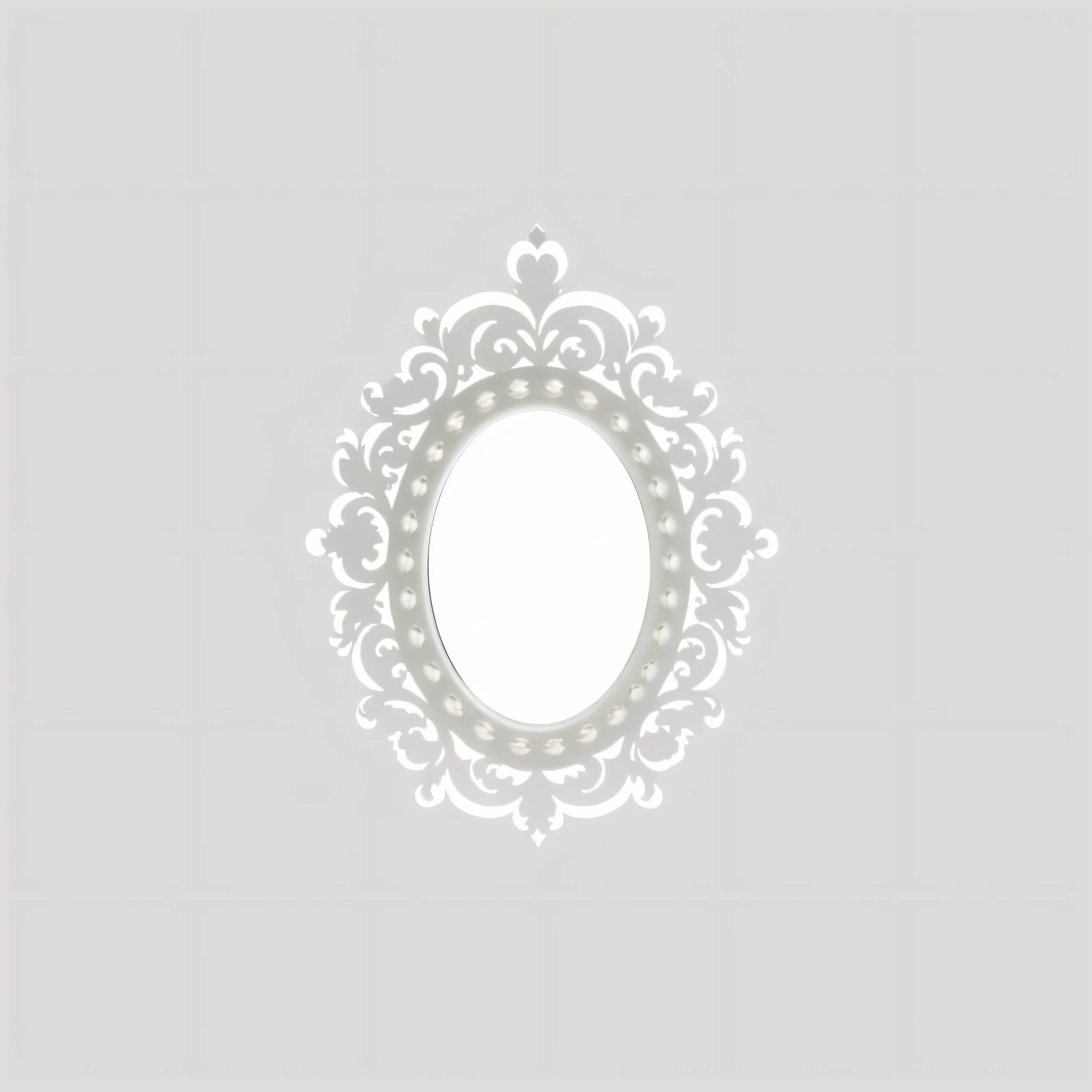 a close up of a white oval mirror with a white background, mirror background, filigree frame, rococo ornament, intricate ornament halo, white border and background, white elegant baroque design, white border frame, magnificent oval face, mirror texture, white frame border, ornate frame, silver background, symmetrical image, without text, ornate decoration, decorative frame, ornate border frame --auto --s2