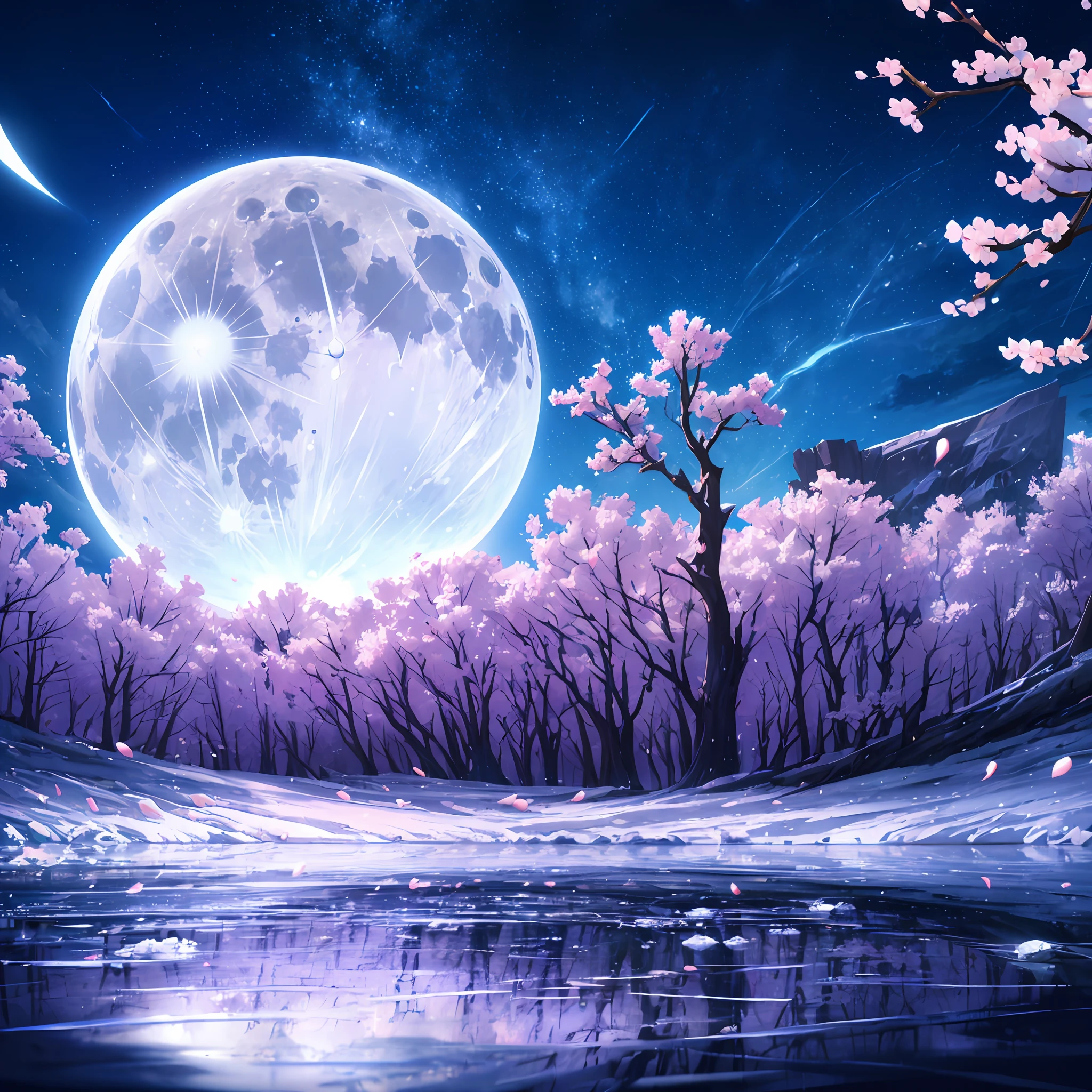 Computer, realistic fantasy, Extensive landscape ultra photography (general view reflection in a drop, full moon, ice inside, lightning, iceberg, cherry blossom branches), blurred background, gloomy, magic --auto --s2