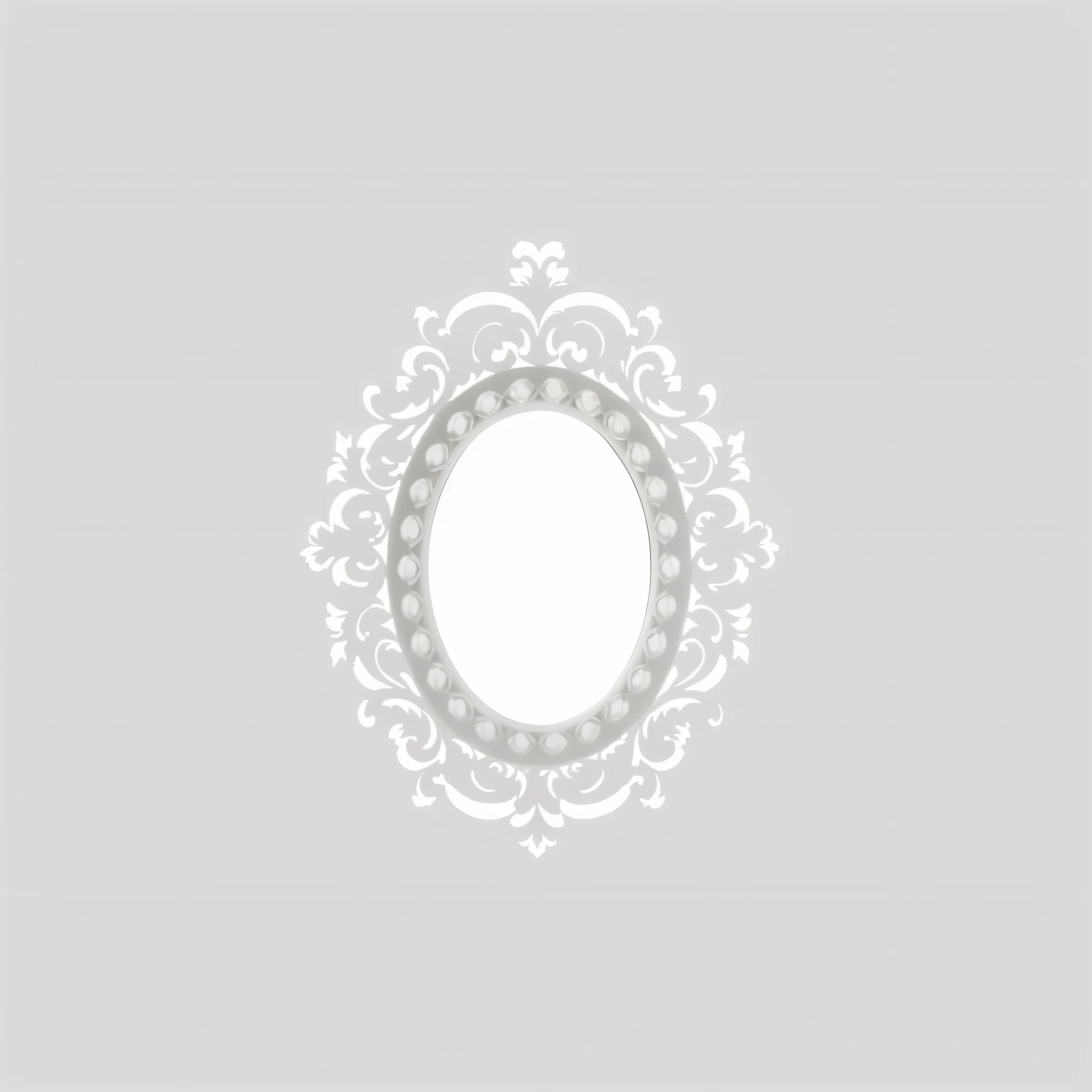 a close up of a white oval mirror with a white background, mirror background, filigree frame, rococo ornament, intricate ornament halo, white border and background, white elegant baroque design, white border frame, magnificent oval face, mirror texture, white frame border, ornate frame, silver background, symmetrical image, without text, ornate decoration, decorative frame, ornate border frame --auto --s2