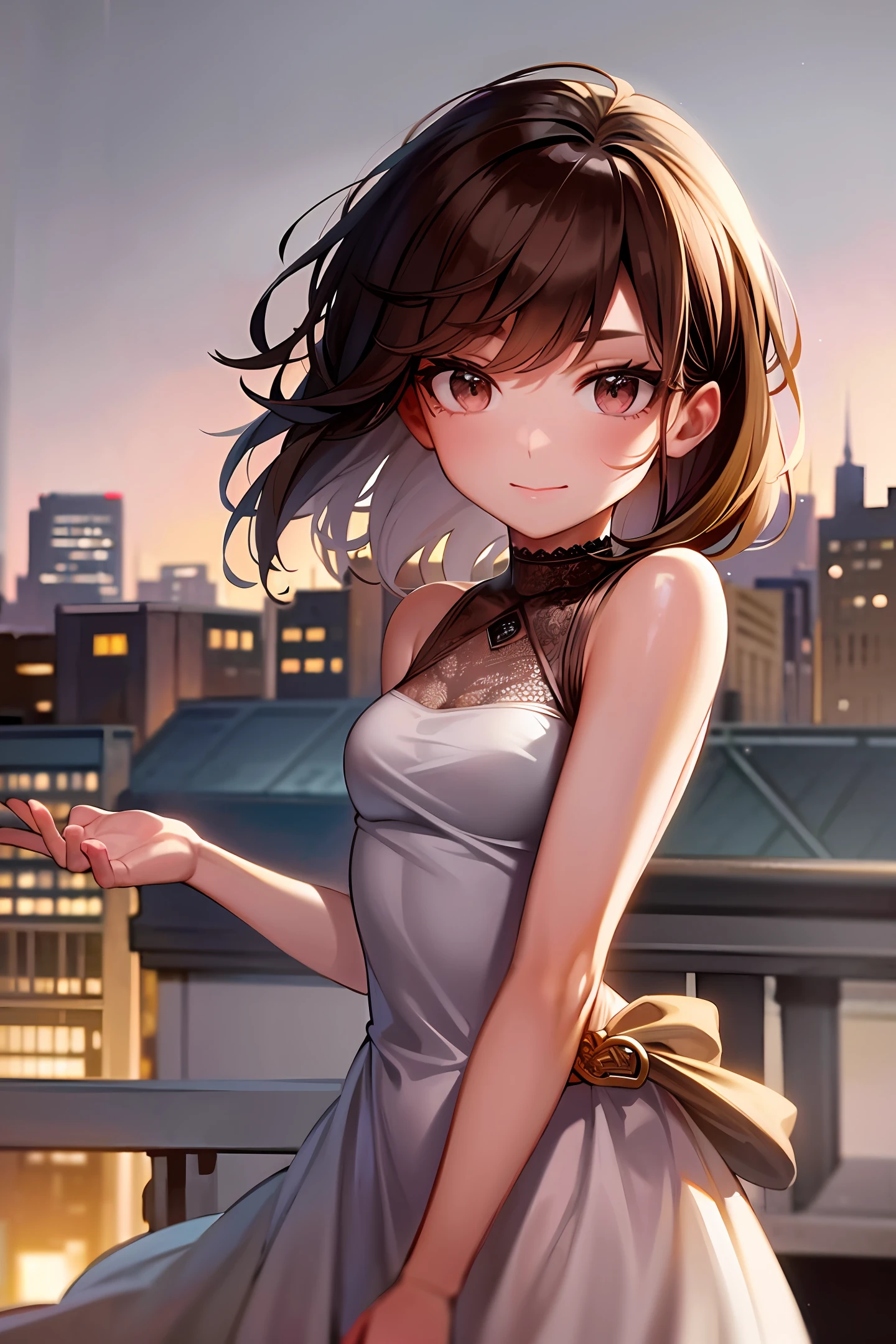 ((top quality, 8k, masterpiece: 1.3)), selfie, sharp focus: 1.2, cute beautiful woman with perfect body: 1.4, slim big: 1.2, ((dark brown hair, big: 1.2)), (small transparent dress, half-naked, very detailed breasts, happy look, standing: 1.2), ((night view of the rainy city, balcony simple: making of 1.3 mainly female axis)), Highly detailed face and skin texture, detailed eyes, double eyelids, ponytail