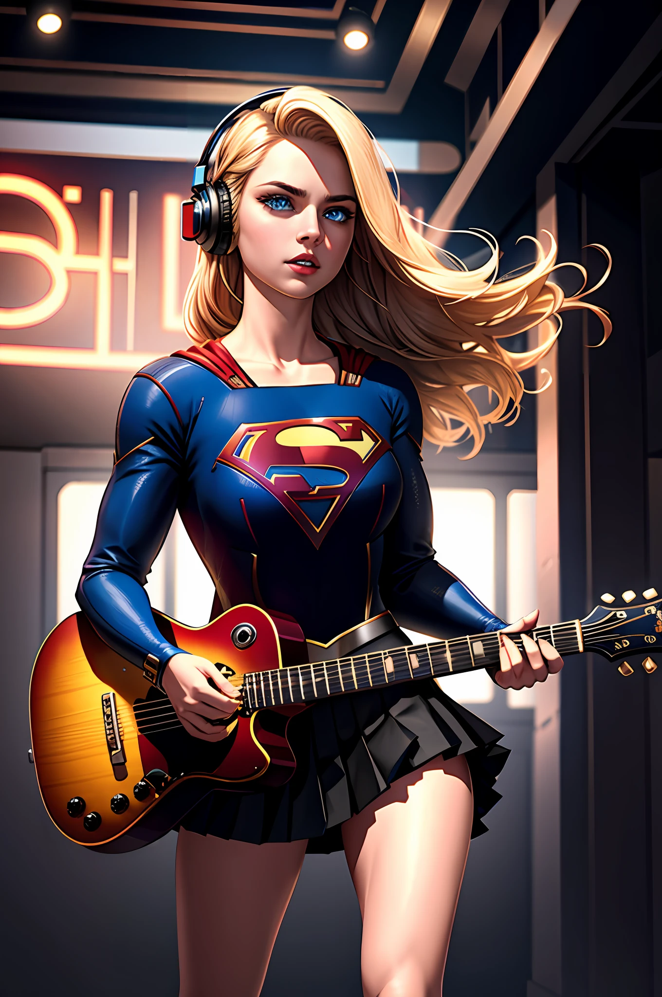 ((Supergirl)), ((cinematic light)), colorful, hyper detail, dramatic light, intricate details, best quality, (CG unit 8k extremely detailed wallpaper, masterpiece, best quality, ultra-detailed, best shadow), (detailed background: 1.4), (beautiful detailed face, beautiful eyesdetailed), High contrast, (best lighting, an extremely delicate and beautiful), (girl: 1.5), solo, gothic skirt, blue eyes, electric guitar, guitar, headphones,  Instrument, long blonde hair, music, side up, playing guitar, pleated skirt, black shirt, interior ((caustic)), dynamic angle, beautiful detailed shine, full body, neon light, pyrotechnics