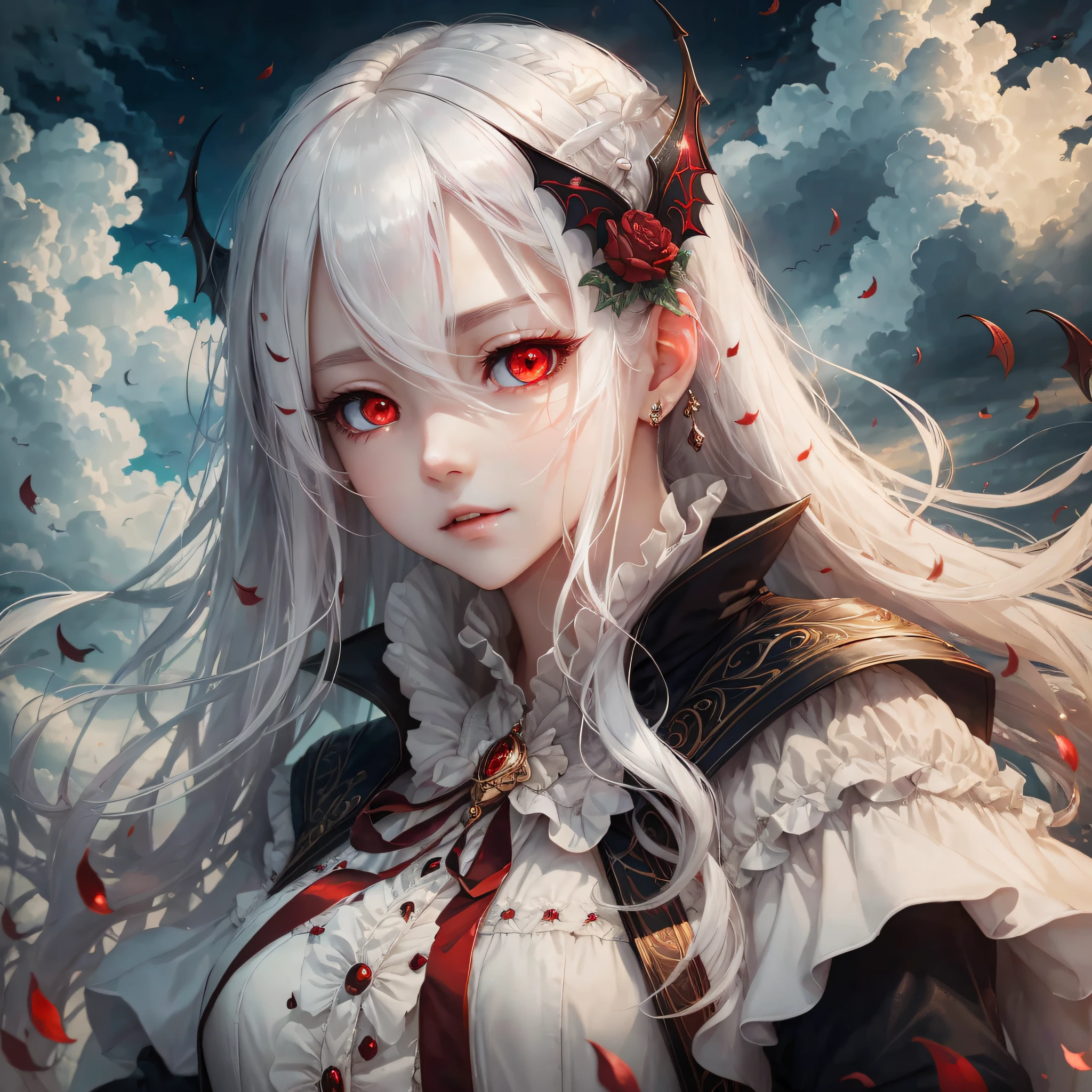 (highest quality), exquisite details, beautiful girl, vampire, white hair, red eyes, cute, late at night, wind and clouds, overlook, floating above the sky. --auto --s2