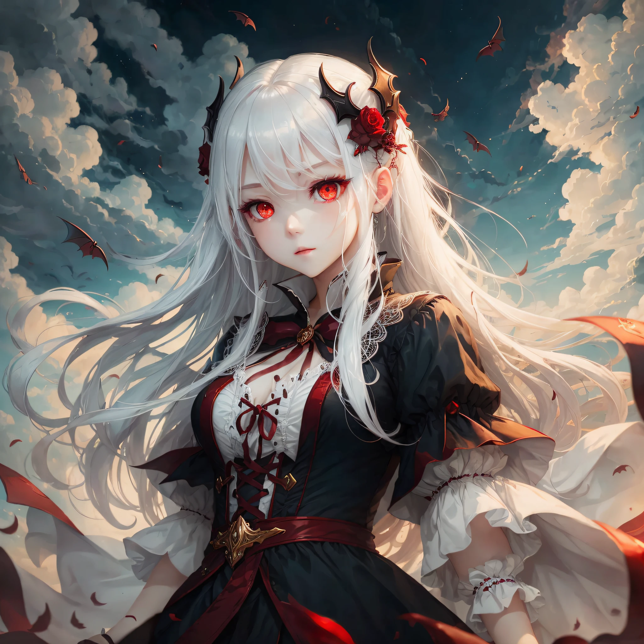 (highest quality), exquisite details, beautiful girl, vampire, white hair, red eyes, cute, late at night, wind and clouds, overlook, floating above the sky. --auto --s2