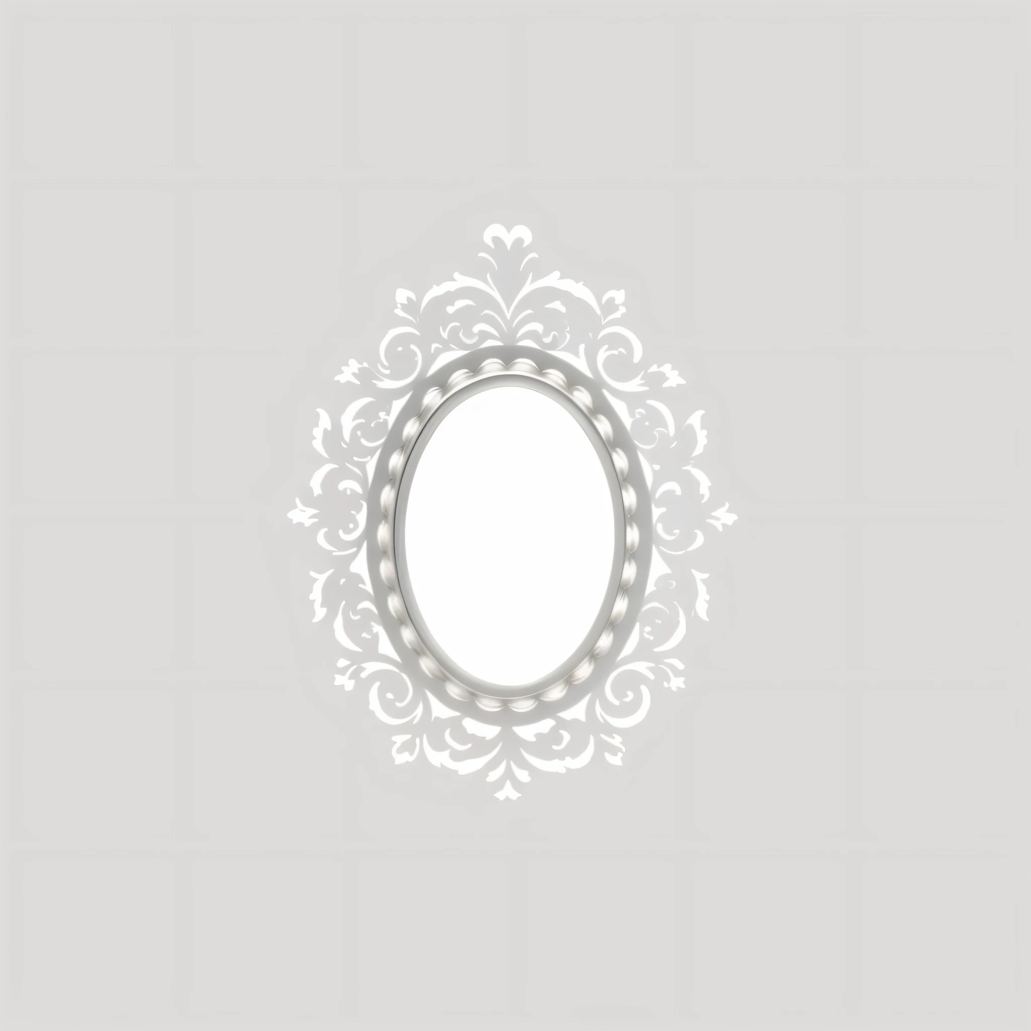 a close up of a white oval mirror with a white background, mirror background, filigree frame, rococo ornament, intricate ornament halo, white border and background, white elegant baroque design, white border frame, magnificent oval face, mirror texture, white frame border, ornate frame, silver background, symmetrical image, without text, ornate decoration, decorative frame, ornate border frame --auto --s2