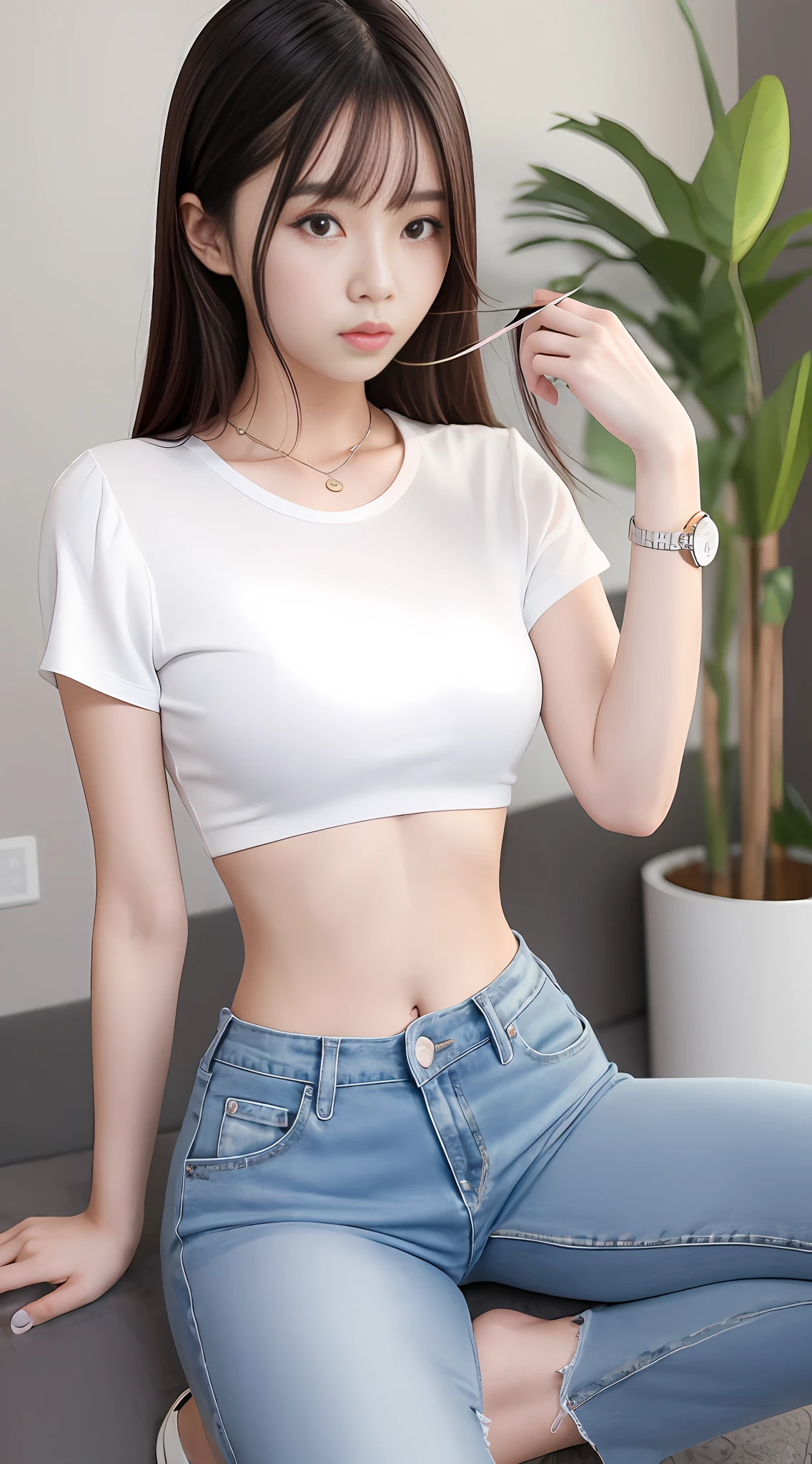 Allafed asian woman squatting down to pick things in white top and long leg blue jeans, photo of slim girl model, gorgeous young korean woman, photo of slim girl, korean girl, wearing crop top , beautiful korean woman, beautiful korean young woman, beautiful belly, wearing sexy cropped top, sunny, sexy body with sexy belly, thin waist