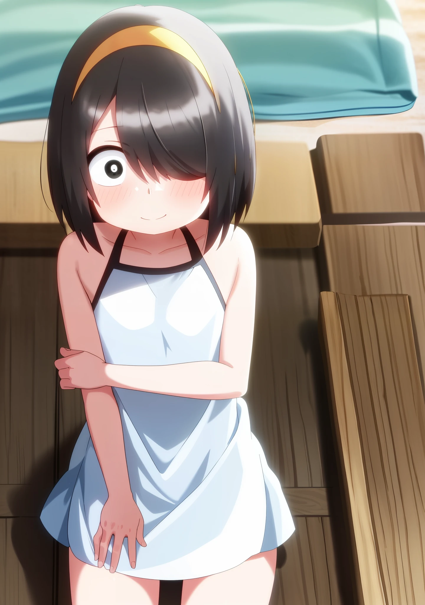 Nishimura akane, young, kid,
((1girl)), ((solo)), short hair, black hair, black eyes, white pupils, smile, sand, beach, sea, sky, cloud, ((swimsut)), looking at viewer, hair between eyes, cowboy shot)), facing viewer, yellow hairband, hair cover one eye, 1:5, shy, blush, cute pose, stocking,