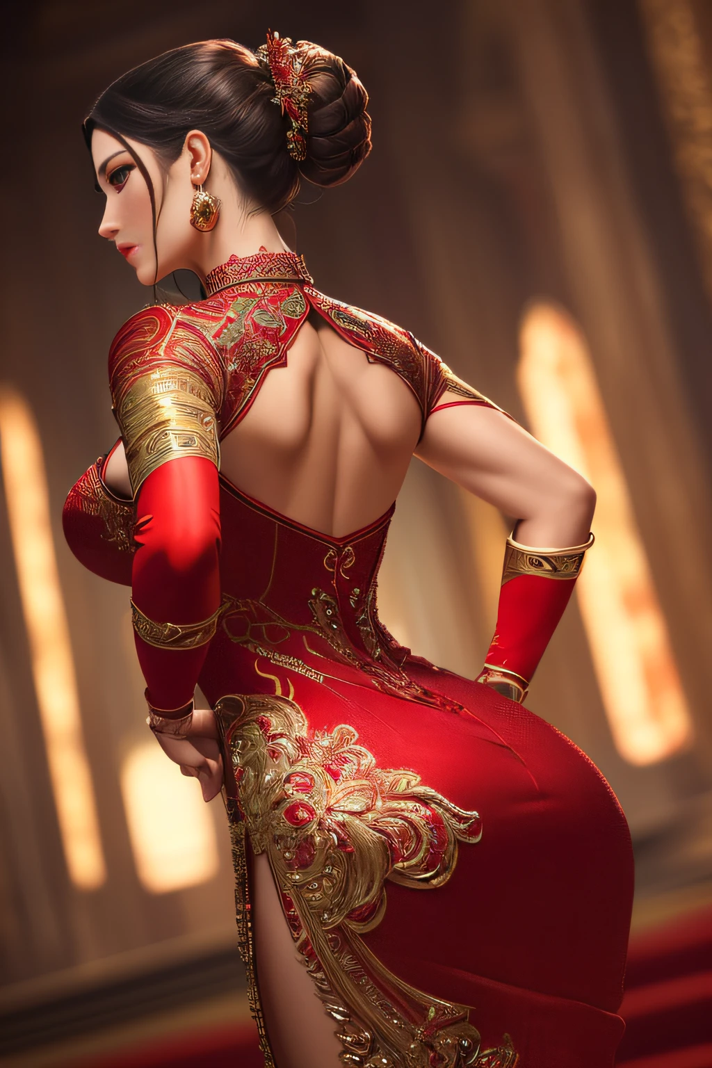 ((Masterpiece)), ((Best Quality)), (Very Detailed), (Very Detailed)), 4K, (8K), Best Quality, (Beautiful), Perfect Anatomy, Photo from Behind, Trained Ass, Supermodel Portrait Photography, Solo, (Red Intricate Workmanship Dress:1.3), Meticulously Rendered Face, Beautiful Eyes, Feminine Physique, Goddess of Beauty, Unreal Engine, octane rendering, movie lighting,