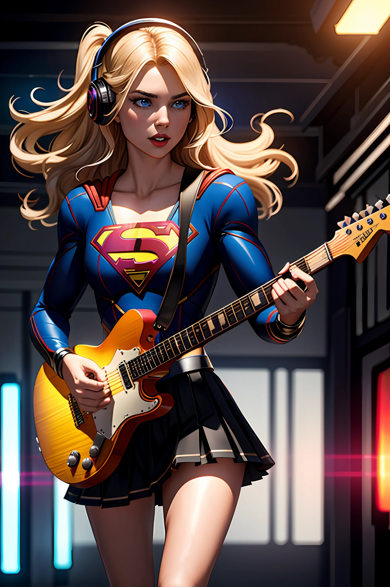 ((Supergirl)), ((cinematic light)), colorful, hyper detail, dramatic light, intricate details, best quality, (CG unit 8k extremely detailed wallpaper, masterpiece, best quality, ultra-detailed, best shadow), (detailed background: 1.4), (beautiful detailed face, beautiful eyesdetailed), High contrast, (best lighting, an extremely delicate and beautiful), (girl: 1.5), solo, gothic skirt, blue eyes, electric guitar, guitar, headphones, Instrument, long blonde hair, music, side up, playing guitar, pleated skirt, black shirt, interior ((caustic)), dynamic angle, beautiful detailed shine, full body, neon light, pyrotechnics