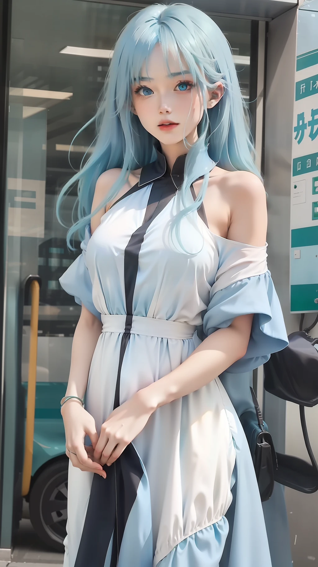 Light blue and green gradient hair, blue eyes, long hair, long white dress