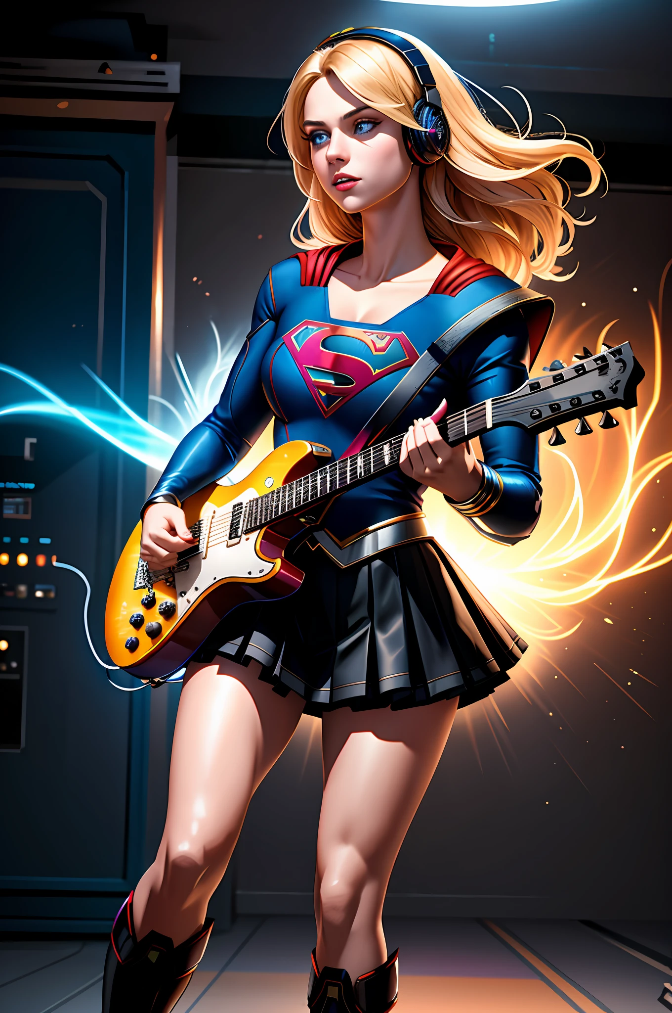 ((Supergirl)), ((cinematic light)), colorful, hyper detail, dramatic light, intricate details, best quality, (CG unit 8k extremely detailed wallpaper, masterpiece, best quality, ultra-detailed, best shadow), (detailed background: 1.4), (beautiful detailed face, beautiful eyesdetailed), High contrast, (best lighting, an extremely delicate and beautiful), (girl: 1.5), solo, gothic skirt, blue eyes, electric guitar, guitar, headphones, Instrument, long blonde hair, music, side up, playing guitar, pleated skirt, black shirt, interior ((caustic)), dynamic angle, beautiful detailed shine, full body, neon light, pyrotechnics