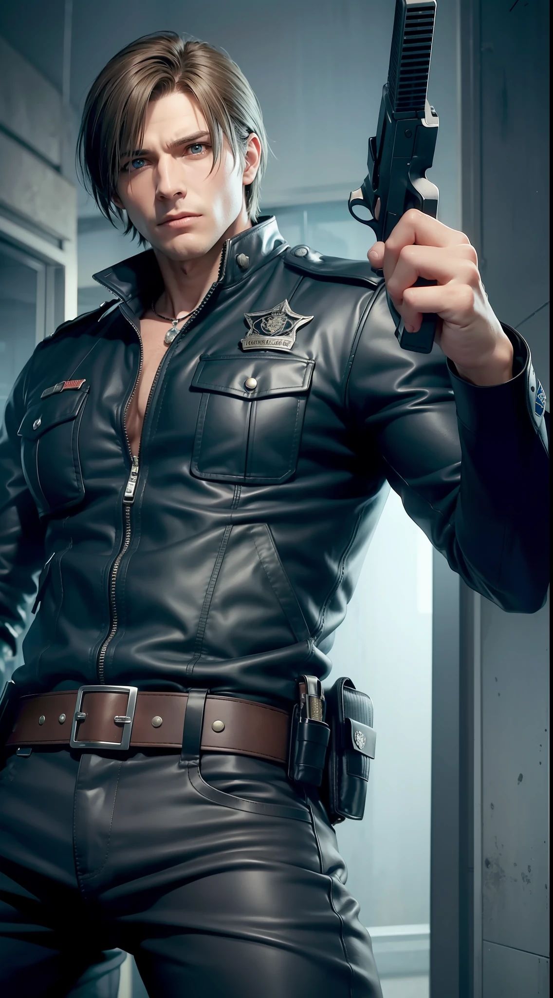 Leon S. Kennedy is a young police officer with an athletic and confident appearance. He has short brown hair, piercing blue eyes, and a well-defined face. His expression often reflects his determination and courage in the face of dangerous situations. In this pose, Leon is holding his gun firmly, pointing it forward while maintaining a firm and focused posture. His dominant arm is extended, while the other arm supports the balance of the weapon. His facial expression conveys determination and readiness to face any threat that may arise. This pose captures the essence of the character as a brave cop prepared to face the horrors of the game. Leon wears the classic Raccoon City Police Officer's uniform, which consists of a brown leather jacket with the R.P.D. (Raccoon Police Department) logo on his left arm. He wears a blue long-sleeved shirt underneath, with a black tactical vest over it. He wears black pants and sturdy combat boots. In addition, he carries a firearm in a holster attached to his belt. The main setting of Resident Evil 2 Remake is the Raccoon City police station. It is a building of classical architecture, with dark corridors, locked rooms and broken doors. The police station is infested with zombies and other terrible creatures, creating an atmosphere of suspense and constant danger.
