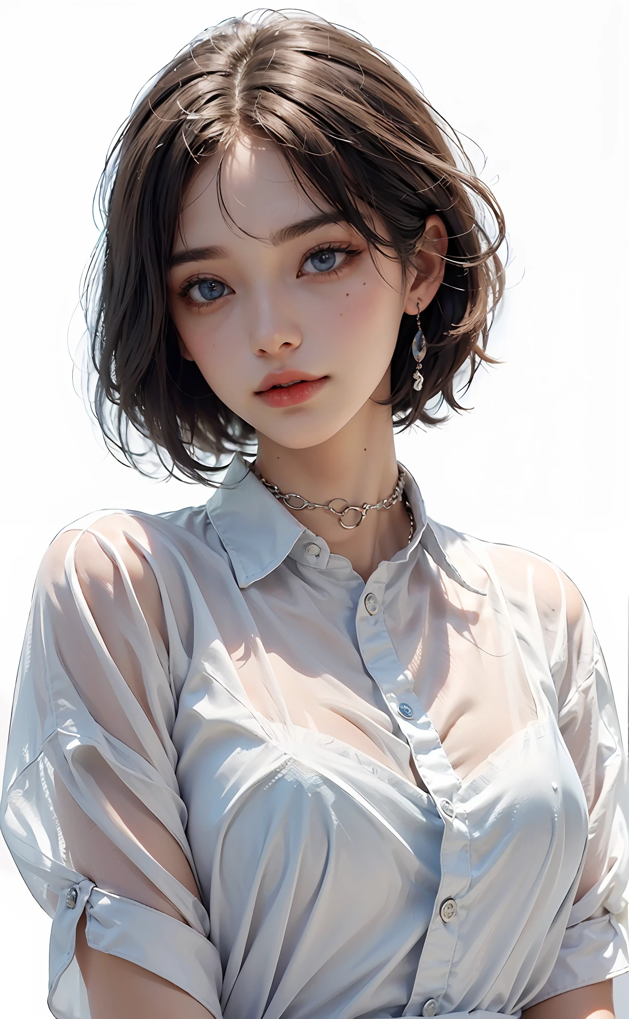 Top Quality, Ultra High Definition, (Photorealistic: 1.4), (Detailed Beautiful Girl: 1.4), (Medium: 0.8), looking_at_viewer, Detailed Facial Details, Beautiful Detailed Eyes, Blue Eyes, Slender, Unforgettable Smile, (Makeup: 0.3), Red Lips, Highly Detailed Clothes, (ulzzang-6500-v1.1: 0.3), Best Quality, White Skin, Real Human Skin, ( Detailed), Oval Face, Pore, Ultra High Resolution, (8k, RAW Photos, Photorealistic: 1.4), One Woman, Slim, (Gentle and Goddess-like Eyes) Happiness: 1.2), (Lip Gloss, Eyelashes, Clear Double, Transparent Eyes, Gloss Face, Top Quality, Ultra High Definition, Wide Lighting, Natural Shading), Random Outfit, Oversized jacket, fashion shirt, white background, light background, big breasts, gloss on chest, gloss on face, gloss on skin, glossy skin, fresh breeze, straight hair, short bob hair, bangs, long neck, choker