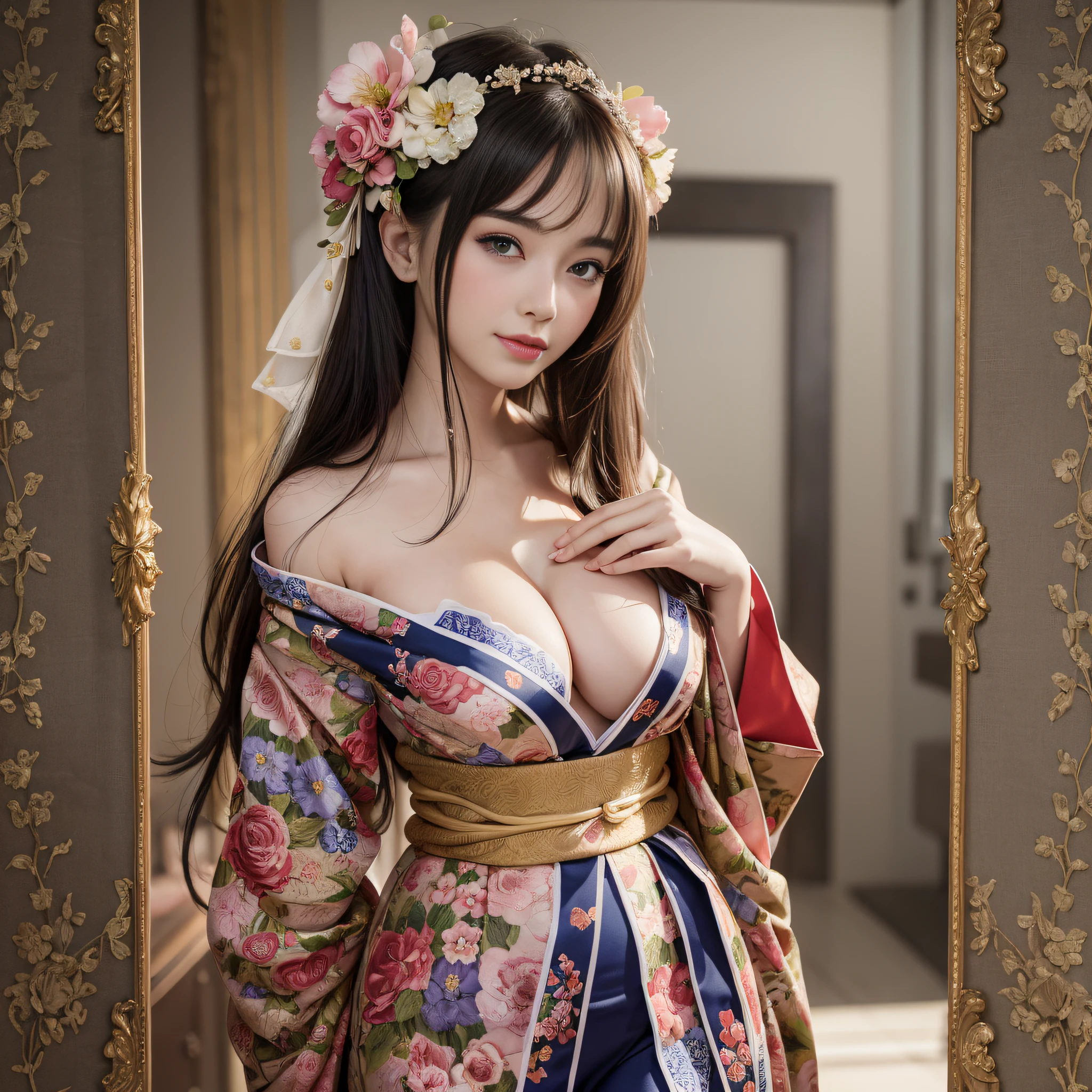 NSFW, ((ung and Beautiful Girl:1.2)), Absurdity, (8k, RAW Photography, Best Quality, Masterpiece:1.2), High Definition RAW Color Photos, Professional Photography, Cinematic Light, (Fine Face:1.2), (Masterpiece:1.5), (Best Quality:1.2), (Best Quality:1.2), (Smile:1.2), (View:1.2), ((cleavage:1.2)), Smiling, slender and beautiful girl, ( sexy and gorgeous floral kimono with wide open chest), bare shoulders, cuteness, sexiness,