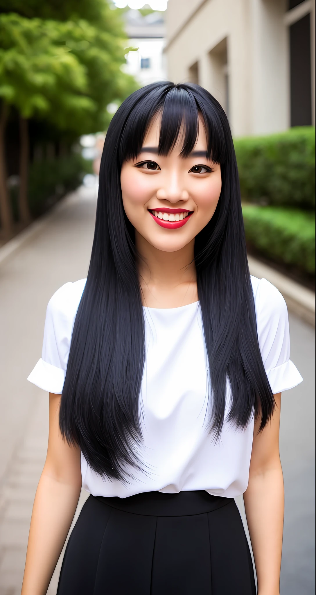 Black hair dress 25 years old protruding teeth smile