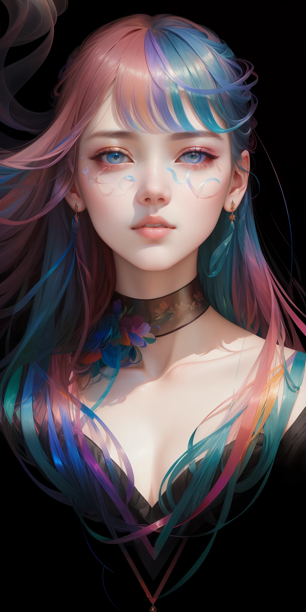 _james jean, floating female figure made of ribbons, smoke, in the sky, colorful and vibrant, mystical colors, contemporary impressionism, yanjun cheng portrait painting, iridescent painting, 3/4 perspective view, cute face, low angle, sweeping circling composition, large beautiful crystal eyes, big irises, UHD, HDR, 8K, (Masterpiece:1. 5), (the most beautiful portrait in the world:1.5)
