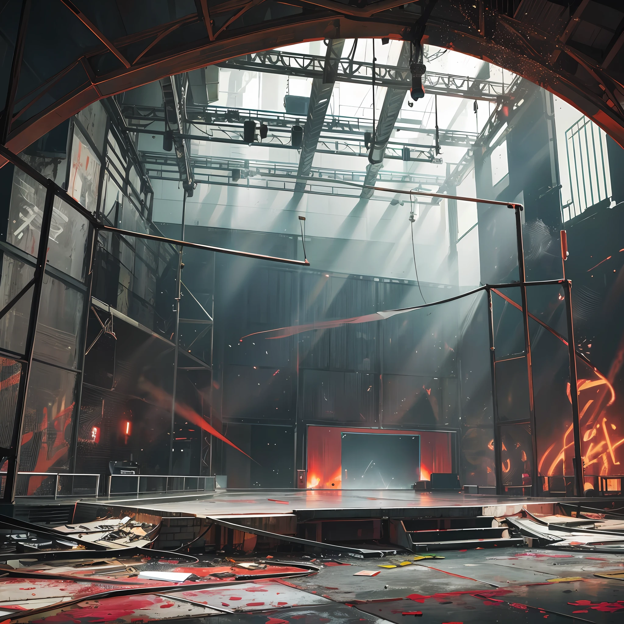 Scenery, a large abandoned shed with a makeshift stage for concerts, lights and neon across the stage, dried blood on the floors and walls, a light mist circles the place, the outside is dark --auto --s2