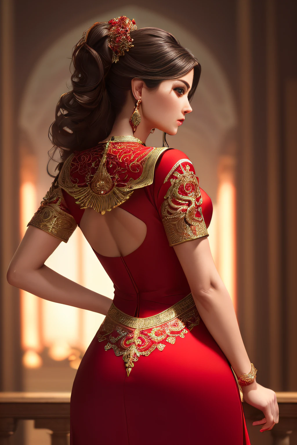 ((Masterpiece)), ((Best Quality)), (Very Detailed), (Very Detailed)), 4K, (8K), Best Quality, (Beautiful), Perfect Anatomy, Photo from Behind, Trained Ass, Supermodel Portrait Photography, Solo, (Red Intricate Workmanship Dress:1.3), Meticulously Rendered Face, Beautiful Eyes, Feminine Physique, Goddess of Beauty, Unreal Engine, octane rendering, movie lighting,
