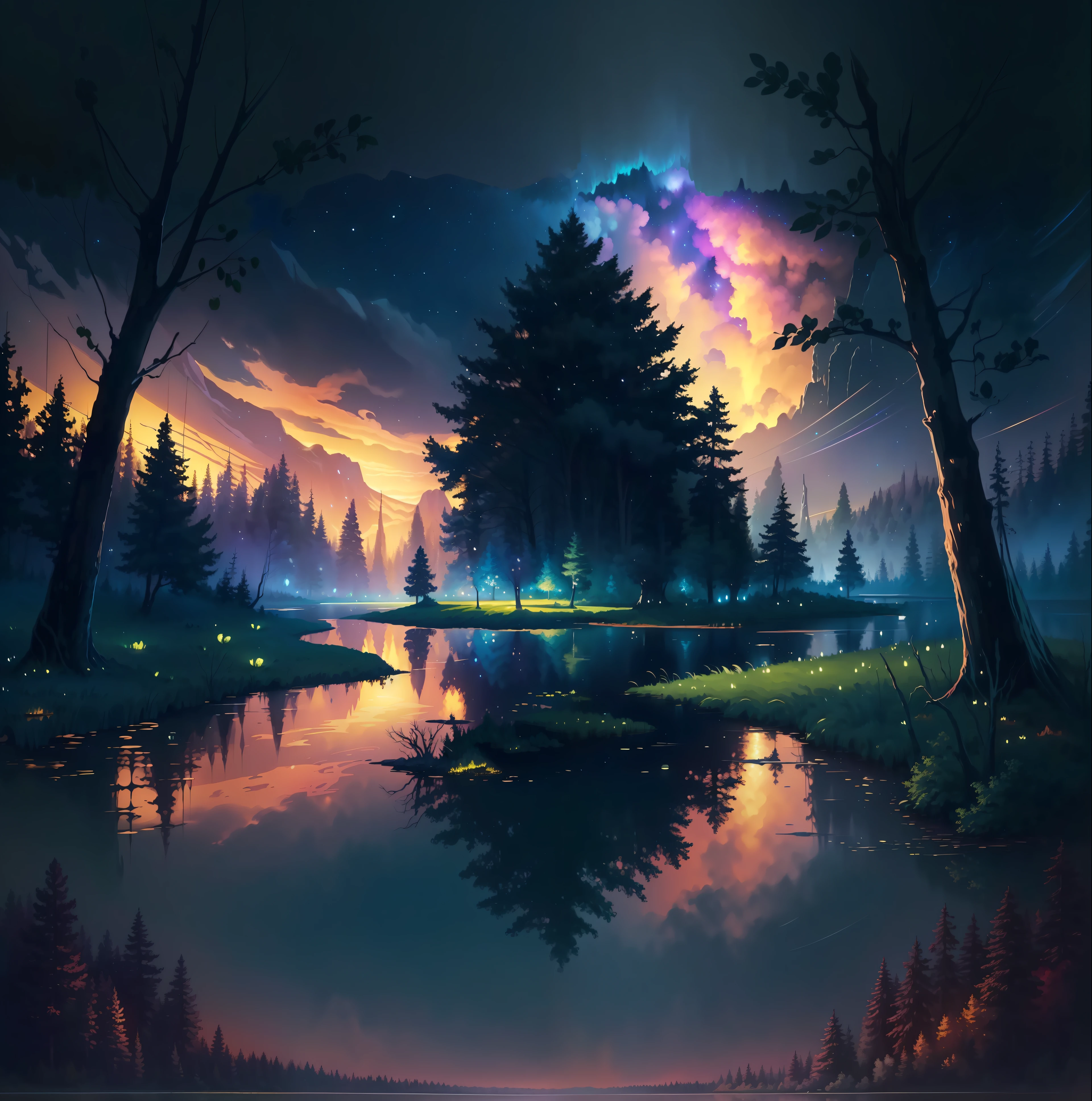 a painting of a forest with a lake and a forest at night, beautiful art uhd 4 k, 4k highly detailed digital art, magical landscape, 8k stunning artwork, magical background, background artwork, magnificent background, 4k detailed digital art, 8k high quality detailed art, nighttime nature landscape, detailed dreamscape, magical environment, magical colors and atmosphere