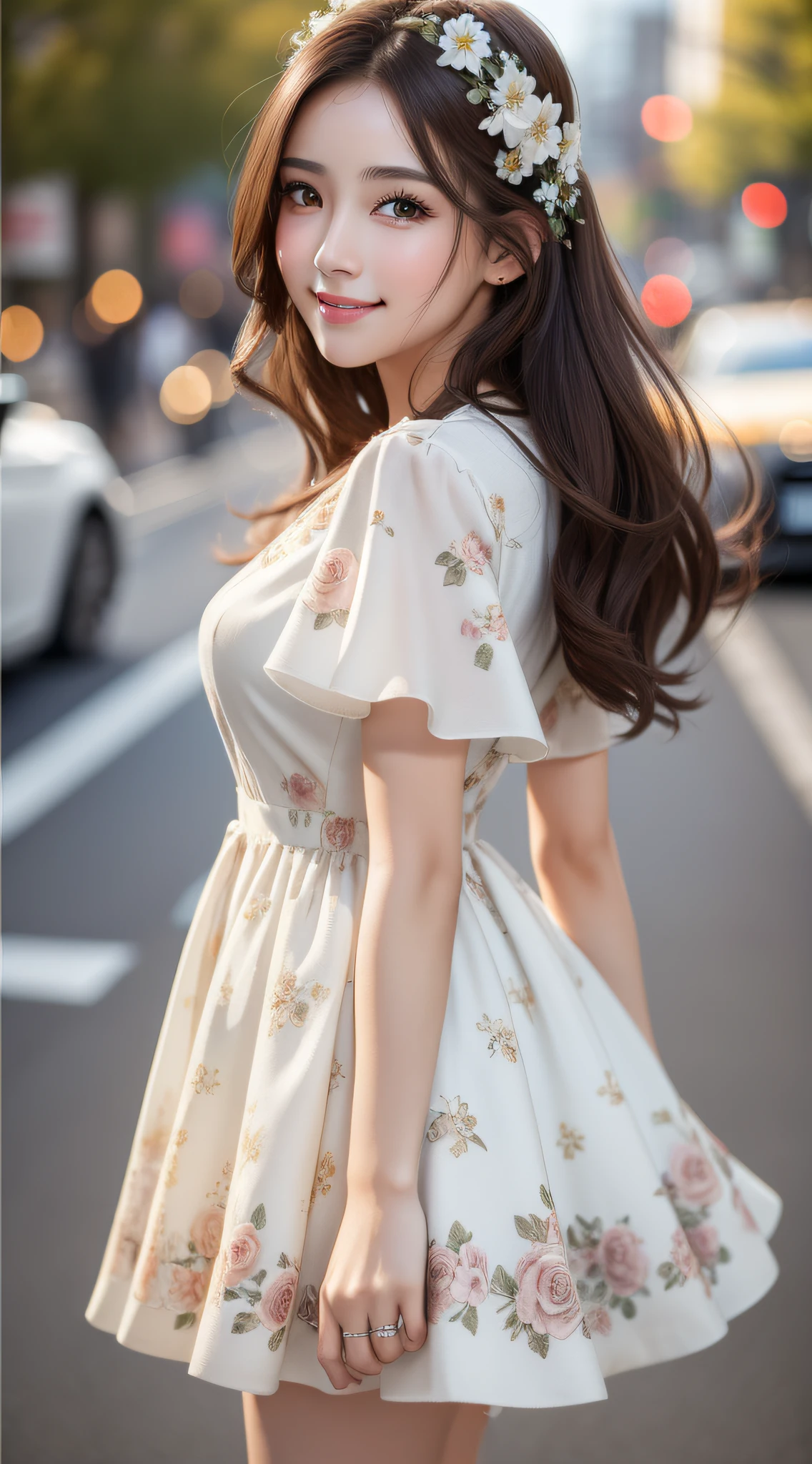 ((Best Quality, 8K, Masterpiece: 1.3)), 1 girl, smile, full body, slim face, pretty woman, (dark brown hair), white floral dress :1.1, super detailed face, detailed eyes, double eyelids, blurred background, slim face, city, outside, street,