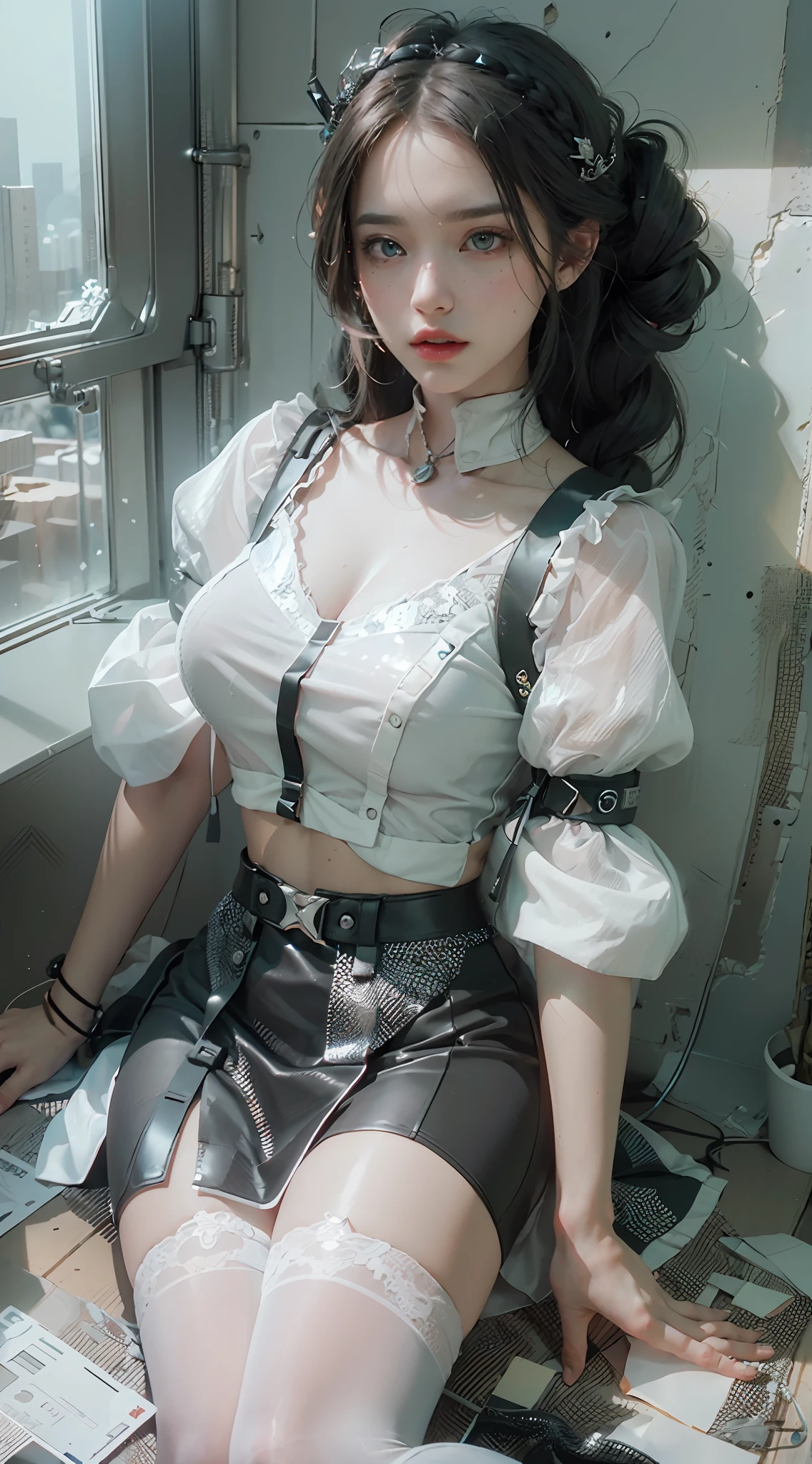 ((Best Quality)), ((Masterpiece)), (Details: 1.4), 3D, A Beautiful Single Beauty, (Blue-black Super Long Hair, Braided 1.6), (White Shirt, Black Pencil Skirt: 1.7), (White Stockings, Two Beautiful Legs: 1.6), (Red Lip: 1.2) HDR (High Dynamic Range), Ray Tracing, NVIDIA RTX, Super-Resolution, Unreal 5, Subsurface Scattering, PBR Texture, Post-processing, anisotropic filtering, depth of field, maximum sharpness and sharpness, multi-layer textures, albedo and highlight mapping, surface shading, accurate simulation of light-material interactions, perfect proportions, Octane Render, two-color light, large aperture, low ISO, white balance, rule of thirds, 8K RAW,