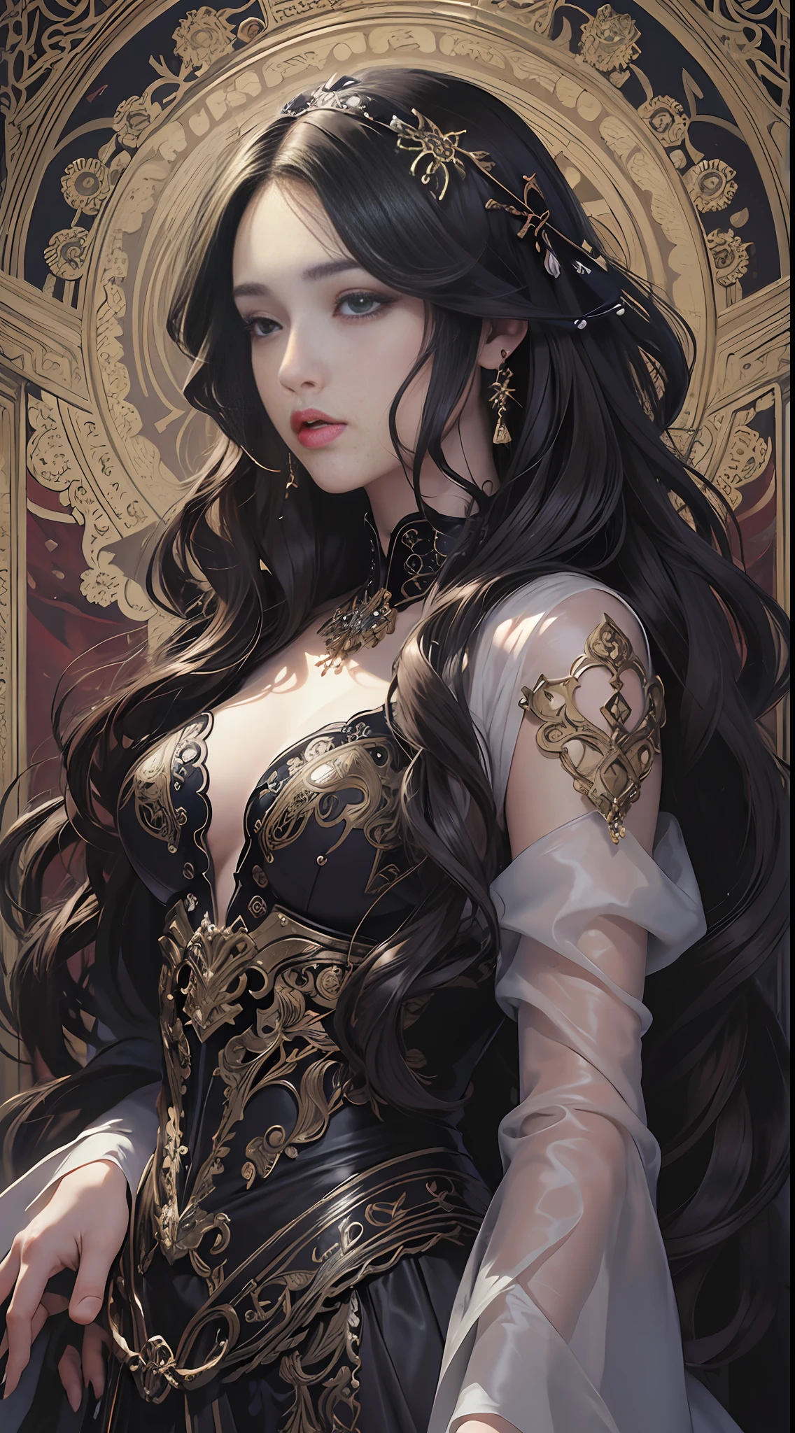 masterpiece, best quality, ultra high res, illustration, (style of ayami kojima:1.4), 1girl, filigree black gown, wavy hair, dark theme, visually stunning, beautiful, intricate --auto --s2