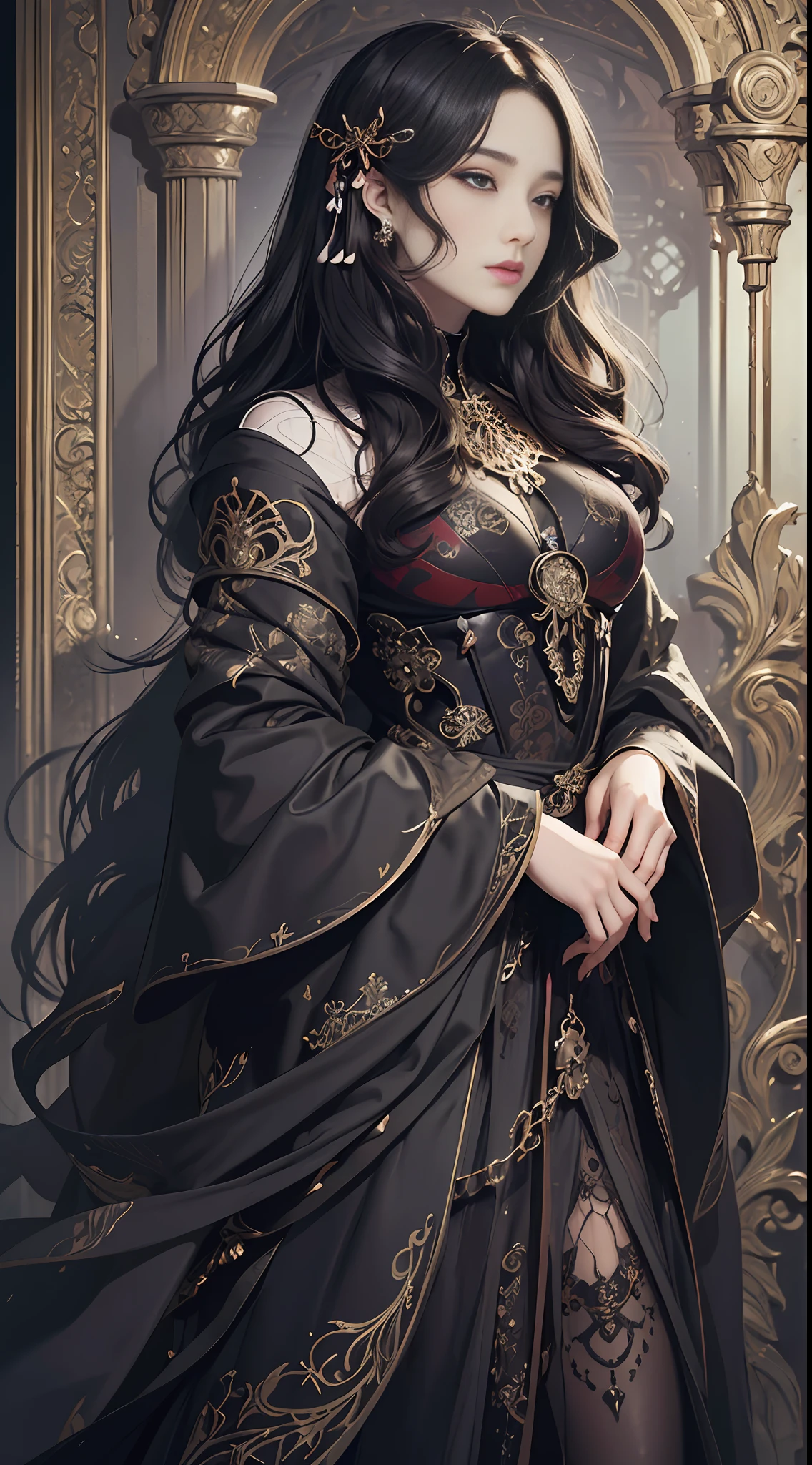masterpiece, best quality, ultra high res, illustration, (style of ayami kojima:1.4), 1girl, filigree black gown, wavy hair, dark theme, visually stunning, beautiful, intricate --auto --s2