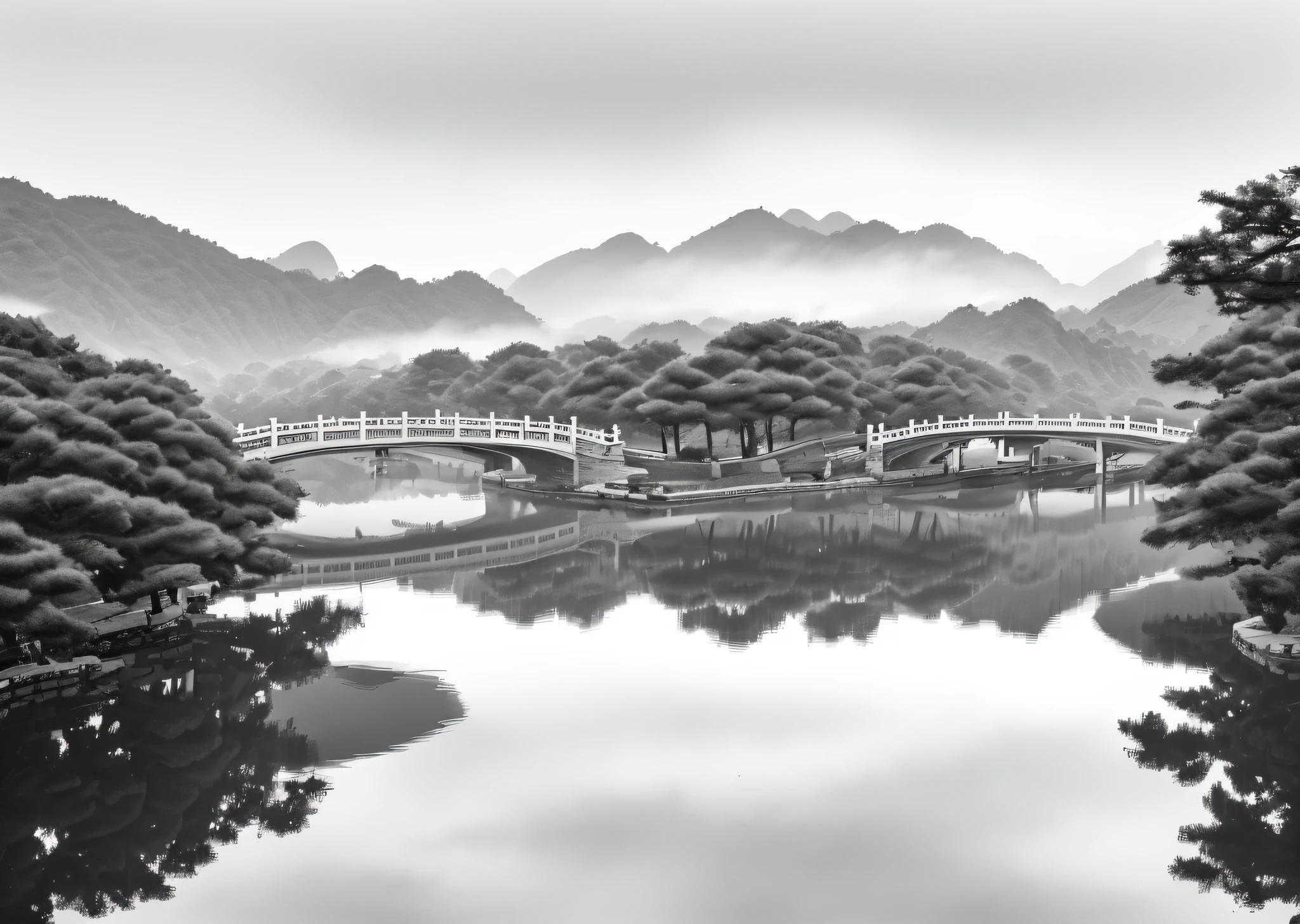 Aalfid landscape of Bridge Lake in the fog, fantastic Chinese town, Chinese landscape, Jiang Tingxi, Shi Rui, Baishi Ancient City, Xia Yong, Song Maojin, in the tranquil landscape, Yang Weizhen, Xu Xi, Ma Yuanyu, realistic trees, clear details of leaves, no branches in the foreground, 8K HD, super high quality, Chinese ink style, arch bridge in the distance Hui style architecture, reflection in the water, classic gray and white blockbuster, elegant style