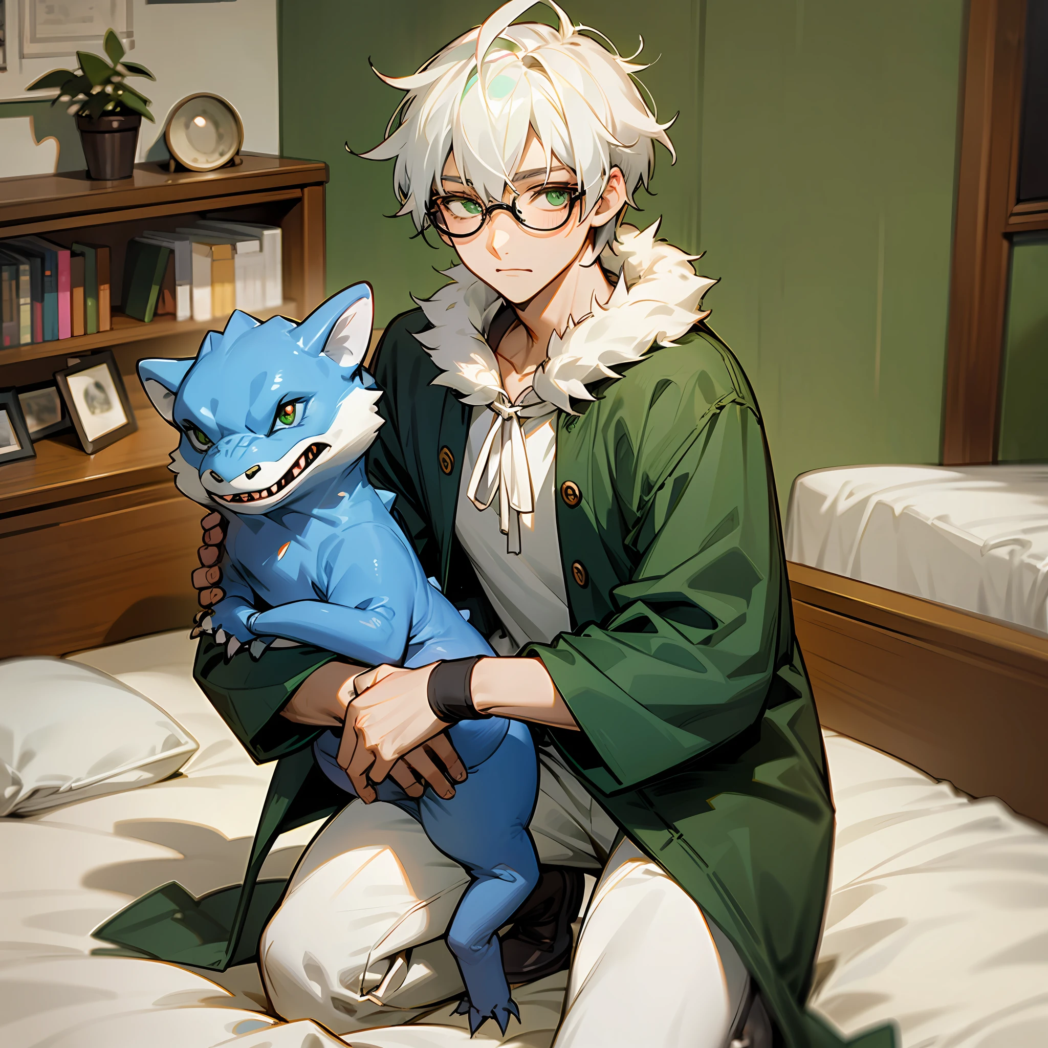 dinosaur costume, green eyes, fluffy white hair, sitting on bed, holding stuffed bear, wearing glasses, kneeling, teenage man --auto --s2