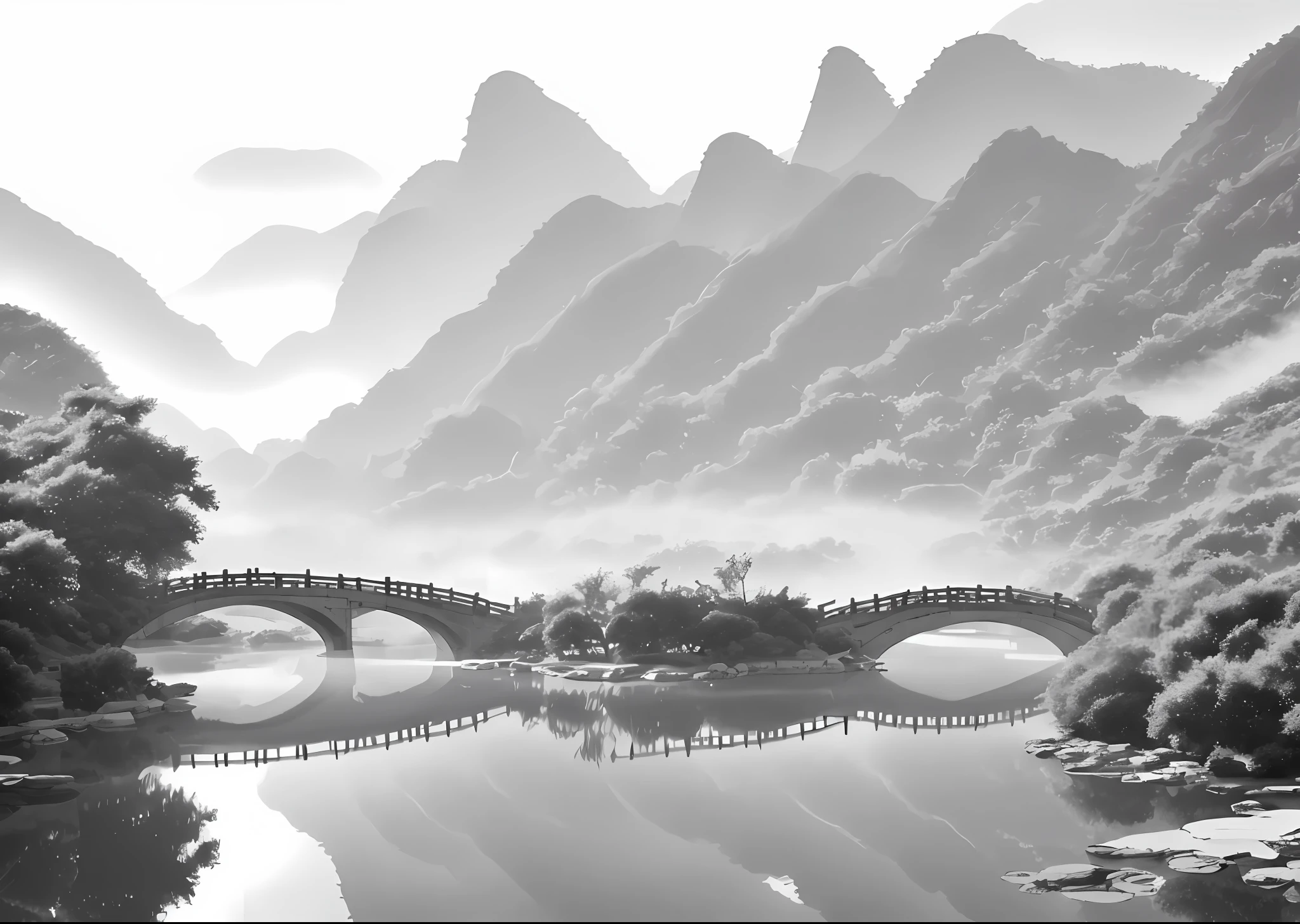 Aalfid landscape of Bridge Lake in the fog, fantastic Chinese town, Chinese landscape, Jiang Tingxi, Shi Rui, Baishi Ancient City, Xia Yong, Song Maojin, in the tranquil landscape, Yang Weizhen, Xu Xi, Ma Yuanyu, realistic trees, clear details of leaves, no branches in the foreground, 8K HD, super high quality, Chinese ink style, arch bridge in the distance Hui style architecture, reflection in the water, classic gray and white blockbuster, elegant style