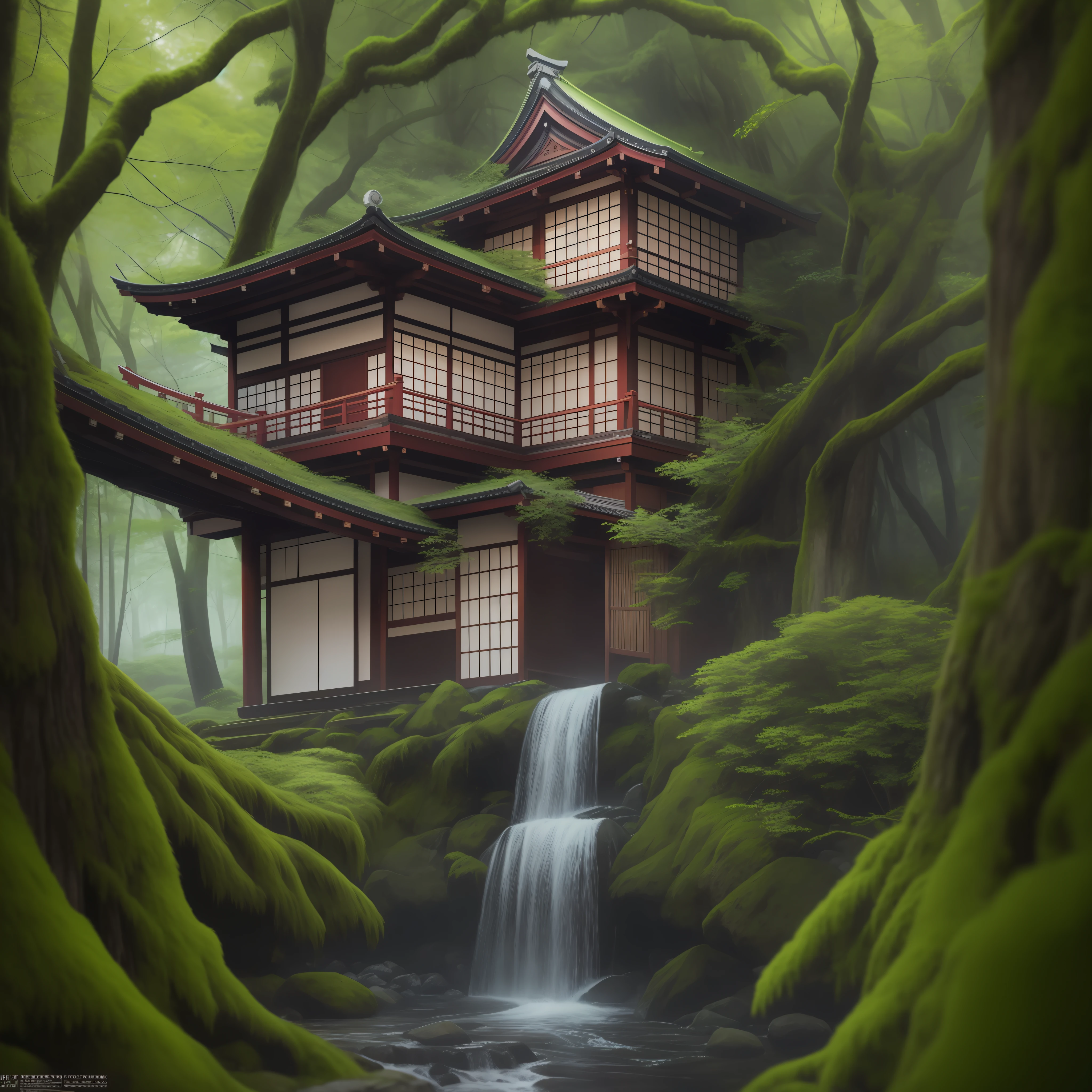 Human perspective, human eye level, Kyoto in Japan, Kyoto city integrated with forests, decadent and devastated, Kyoto city flooded and covered with forest trees, Japan-like wooden architecture surrounded by moss and trees, exquisite and beautiful photos, 8k, 16k, 32k, award-winning photography where the sense of anxiety is obvious, bokeh, depth of field, HDR, bloom, chromatic aberration, photorealistic, highly detailed, Trend in art station, trend in CGsociety, complex, high detail, dramatic,