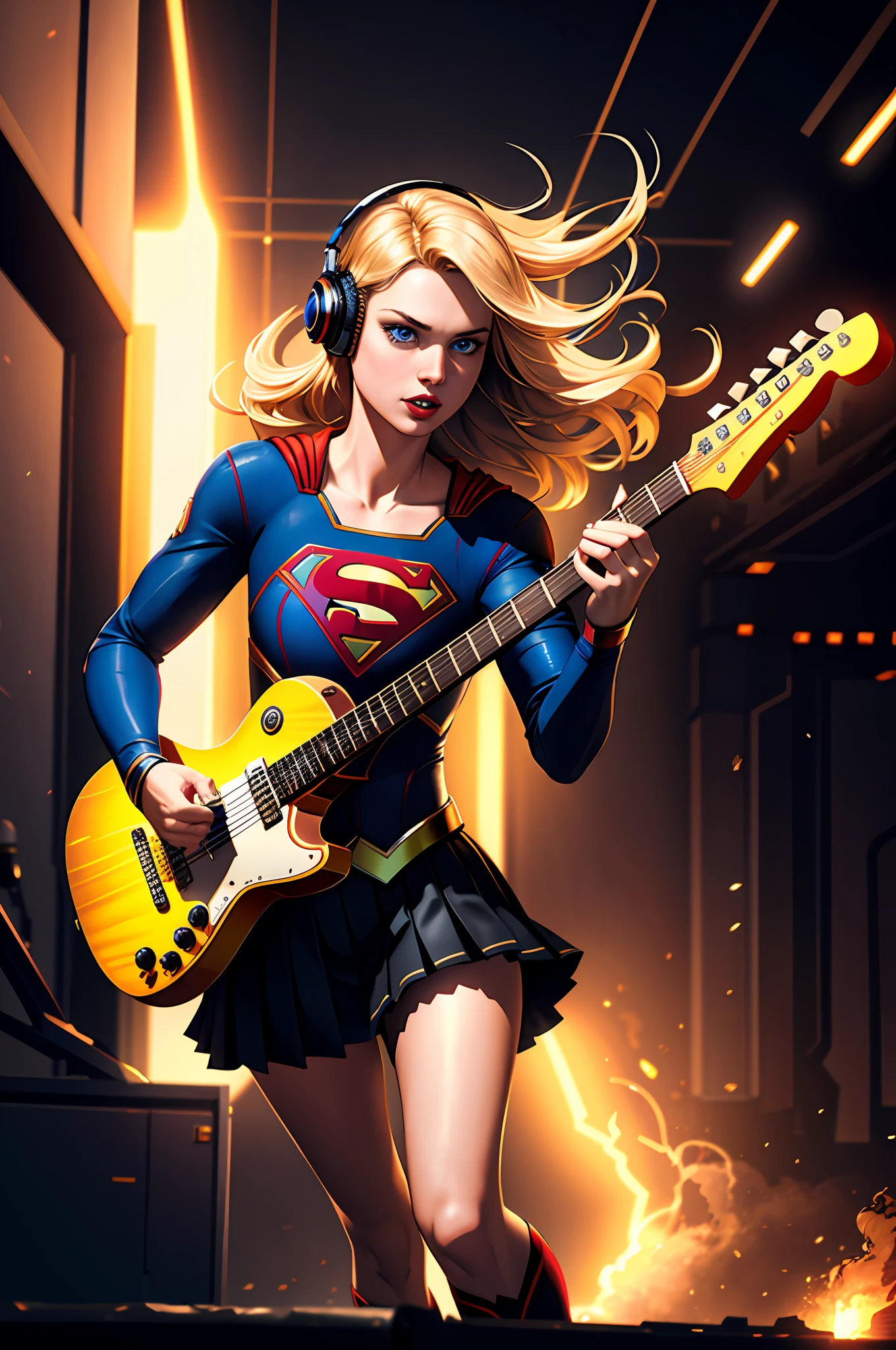 ((Supergirl)), ((cinematic light)), colorful, hyper detail, dramatic light, intricate details, best quality, (CG unit 8k extremely detailed wallpaper, masterpiece, best quality, ultra-detailed, best shadow), (detailed background: 1.4), (beautiful detailed face, beautiful eyesdetailed), High contrast, (best lighting, an extremely delicate and beautiful), (girl: 1.5), solo, gothic skirt, blue eyes, electric guitar, guitar, headphones, Instrument, long blonde hair, music, side up, playing guitar, pleated skirt, black shirt, interior ((caustic)), dynamic angle, beautiful detailed shine, full body, neon light, pyrotechnics