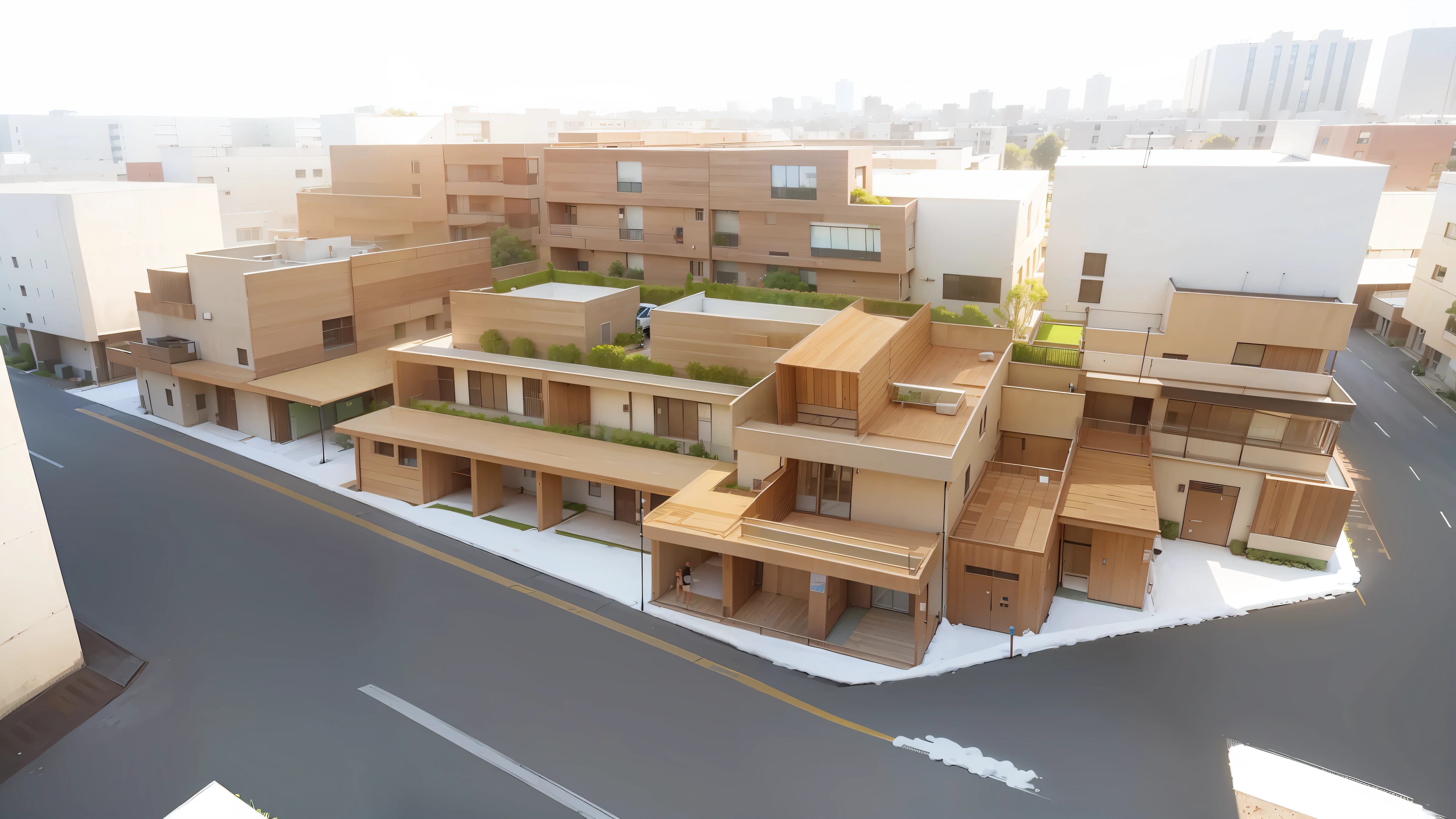 wooden, tree, facility, apartment building, car, blue sky, people, flower bed, tree, green, sunny, cloud --auto --s2