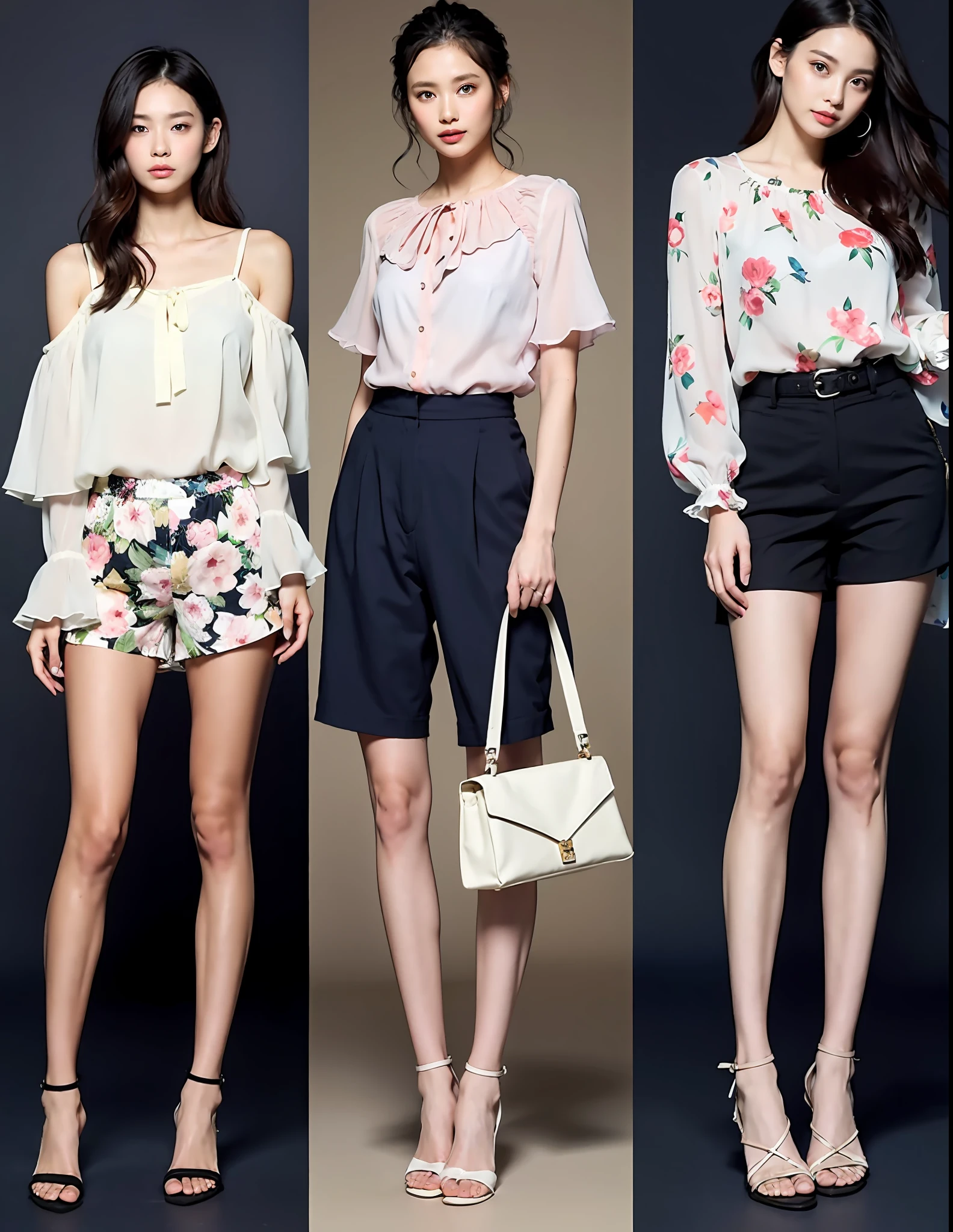 5. Lightweight Chiffon Blouse + Shorts
A lightweight and breathable chiffon blouse is a must-have in a summer wardrobe. Choose a chiffon blouse with small floral prints, simple yet elegant. Pair it with a snug and medium-length shorts to showcase your slim and beautiful leg line without being too revealing. Match it with a pair of flat strappy sandals that are comfortable and modern. Finally, carry a trendy handbag to make the whole outfit more outstanding.