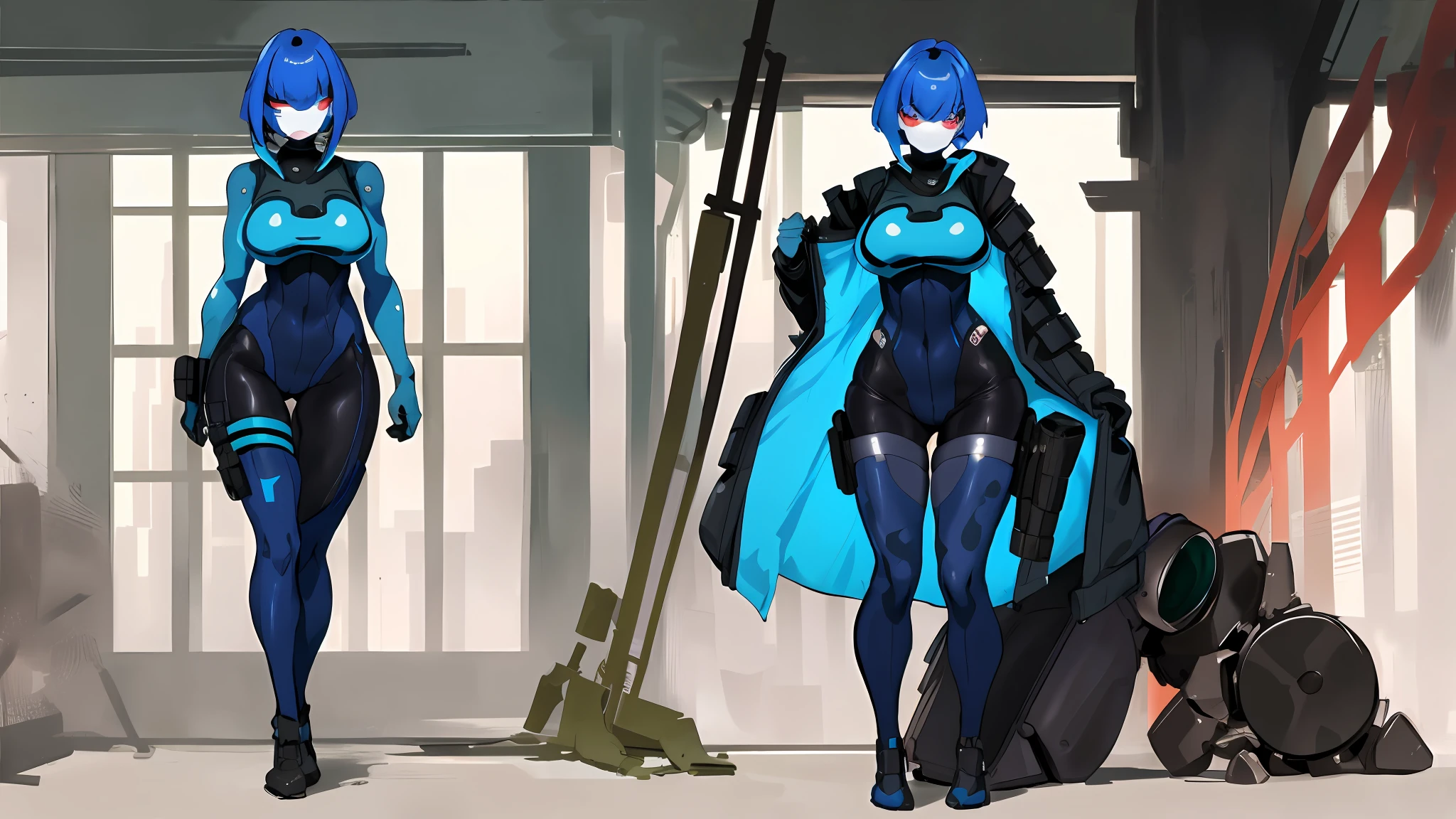 (1girl) wide hips, standing, bulletproof vest, cyberpunk, dystopia, ghost in the shell, blue camo, blue body armor, full body shot, whole body, solo, cleavage, cleavage cutout, bike shorts, exposed legs, bare legs, exposed thighs, bare thighs, exposed knees, exposed calves, nsfw, nude, naked, sexy, tight clothes, skintight, exposed shoulders, exposed stomach, exposed hips, city skyscraper, street, tower, apartment, glowing eyes
