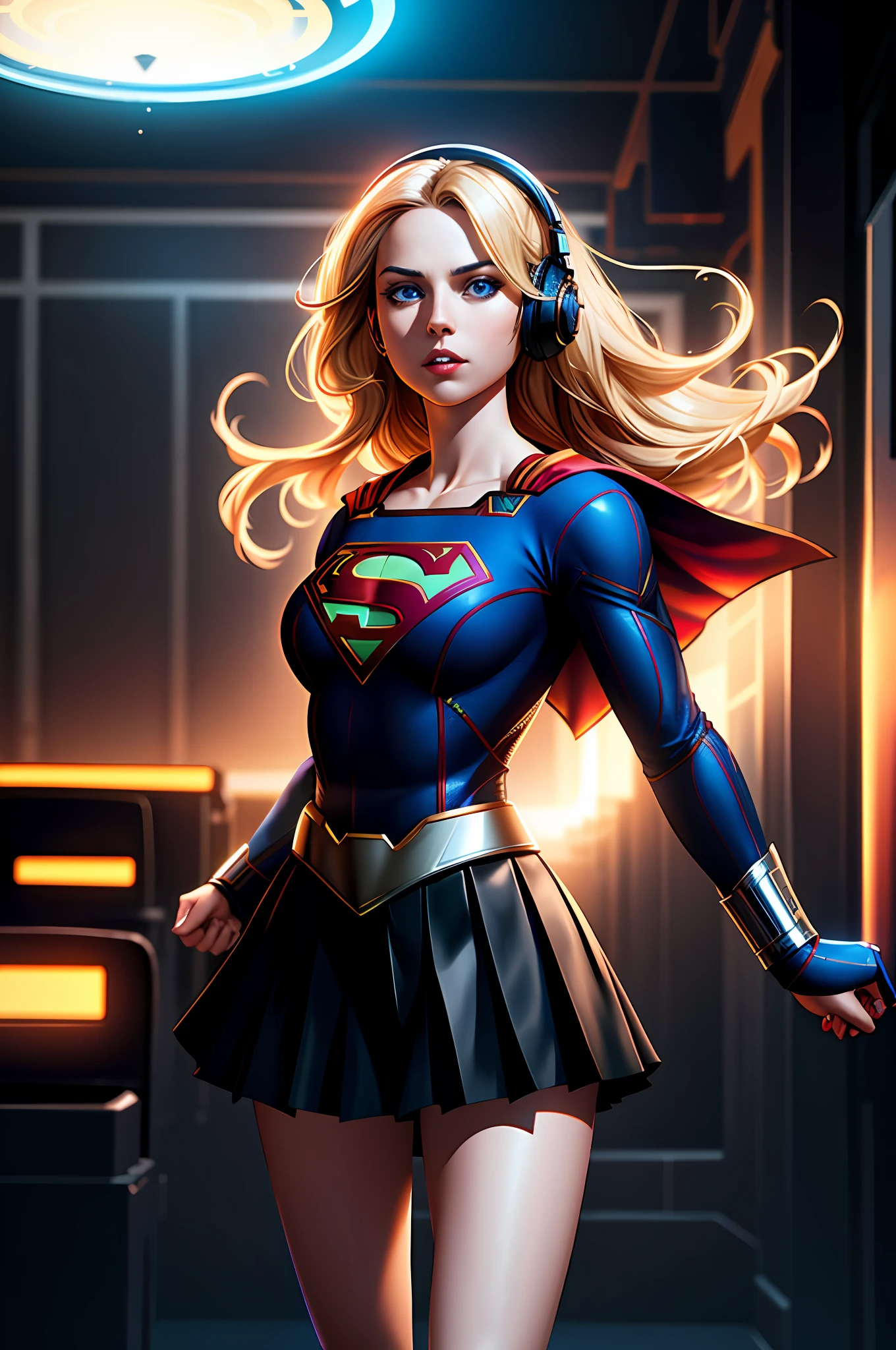 ((Supergirl)), ((cinematic light)), colorful, hyper detail, dramatic light, intricate details, best quality, (CG unit 8k extremely detailed wallpaper, masterpiece, best quality, ultra-detailed, best shadow), (detailed background: 1.4), (beautiful detailed face, beautiful eyesdetailed), High contrast, (best lighting, an extremely delicate and beautiful), (girl: 1.5), solo, gothic skirt, blue eyes, electric guitar, guitar, headphones,  Instrument, long blonde hair, music, side up, playing guitar, pleated skirt, black shirt, interior ((caustic)), dynamic angle, beautiful detailed shine, full body, neon light, pyrotechnics